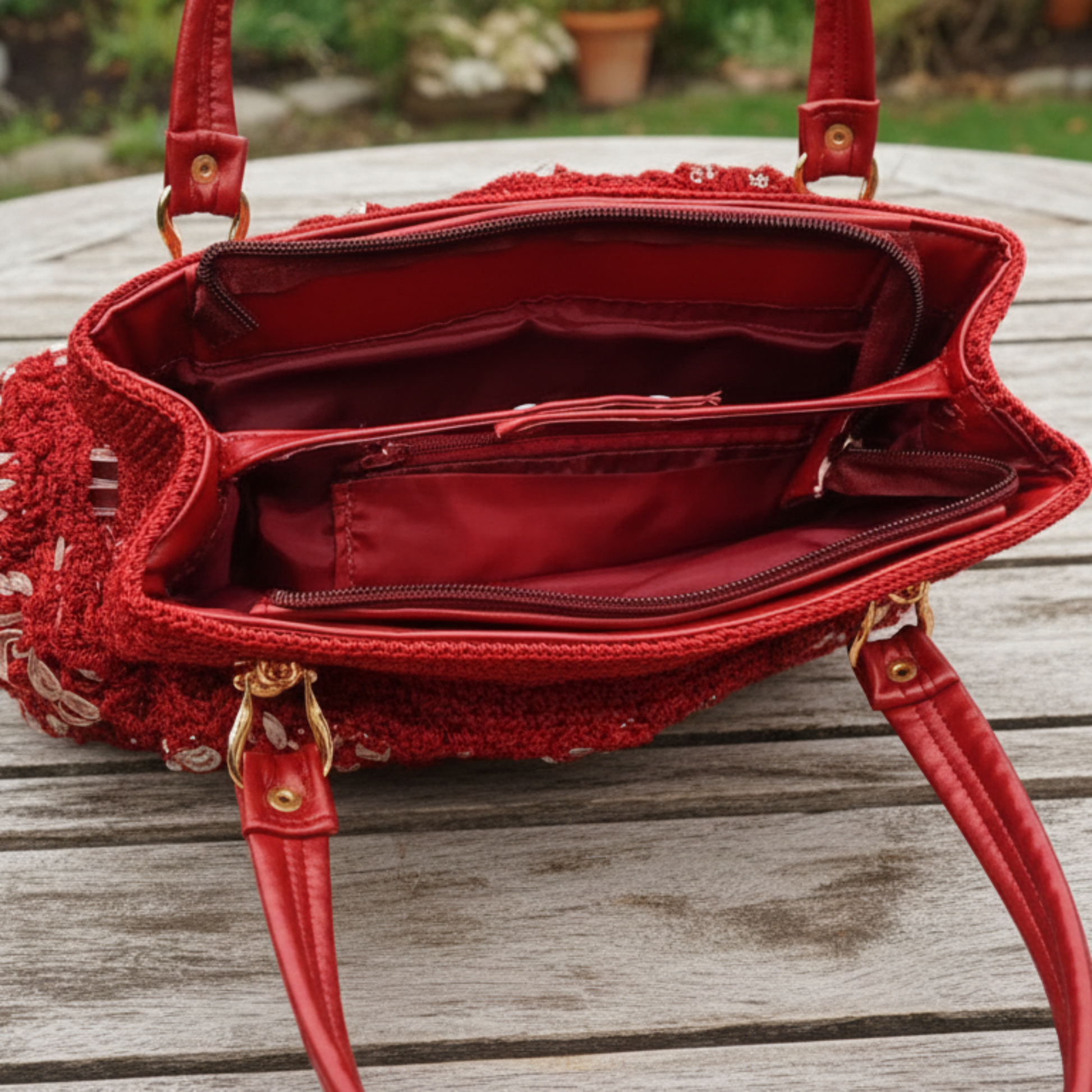 Bolsa tejida roja de crochet con flores transparentes, estilo casual.