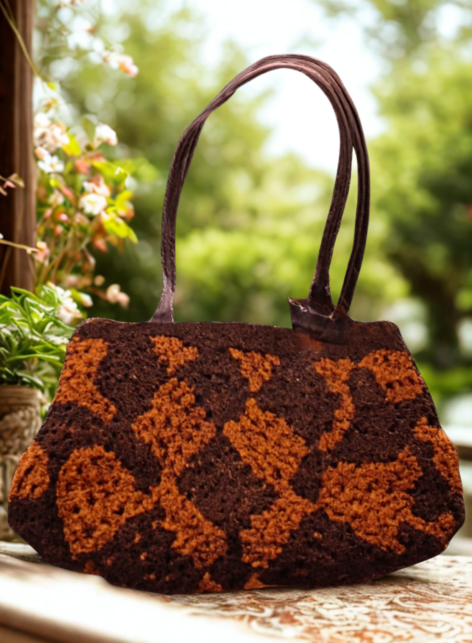 Bolsa terracota y marrón crochet con rombos, artesanía mexicana.