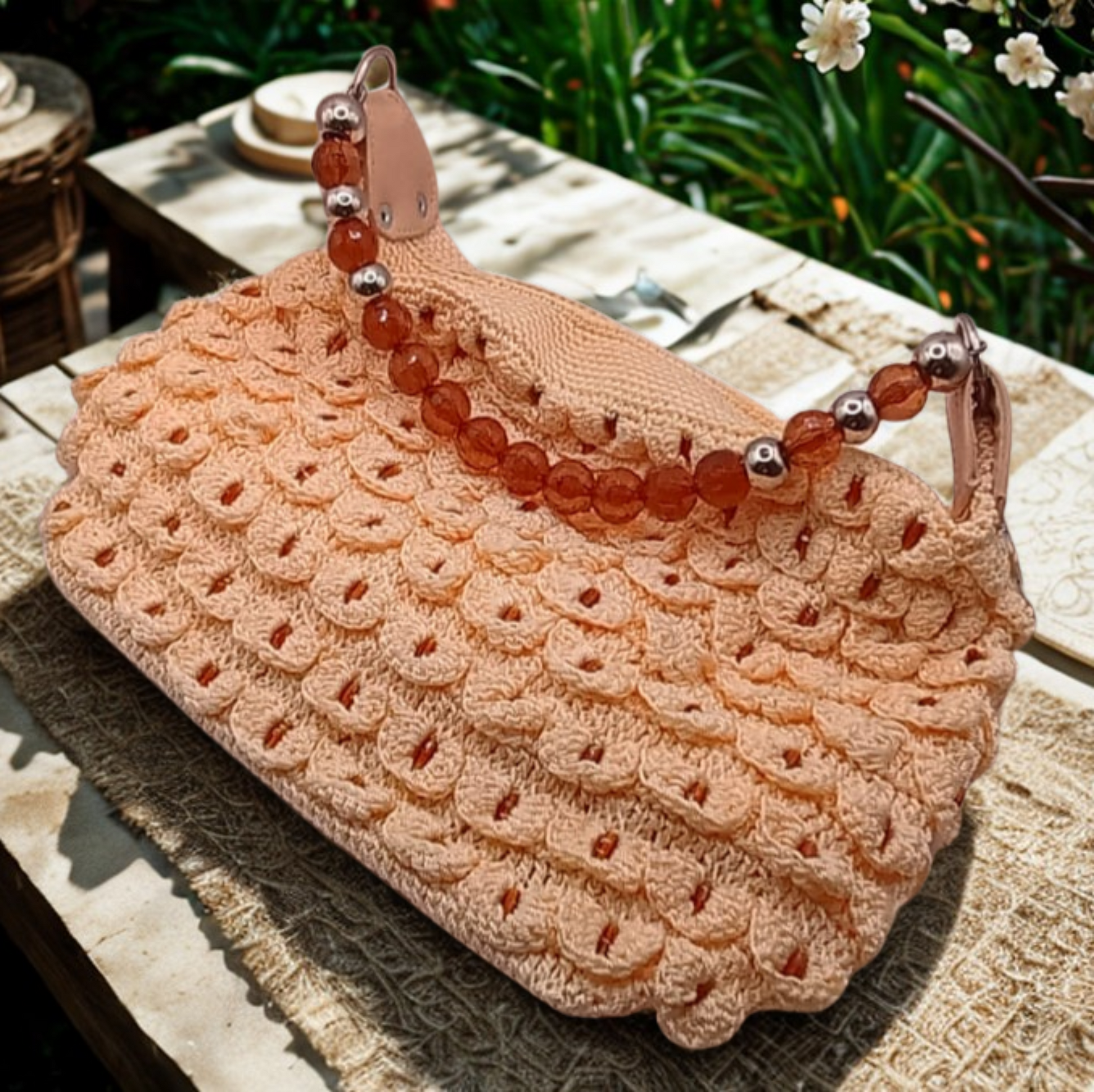 Bolso artesanal color hueso, asas resistentes, detalles de gema ámbar.