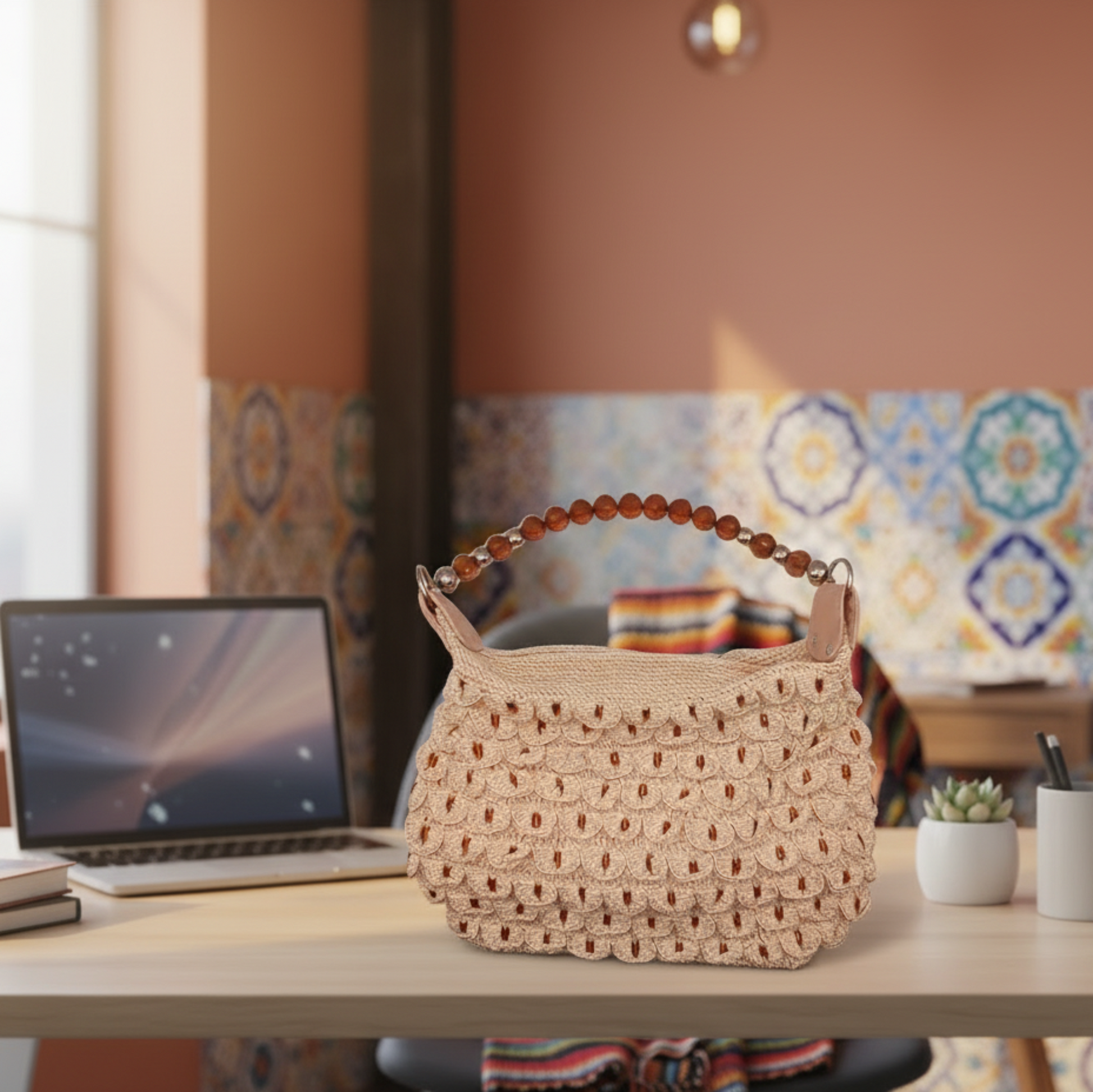 Bolso artesanal color hueso con gemas ámbar en las asas, pieza de decoración.