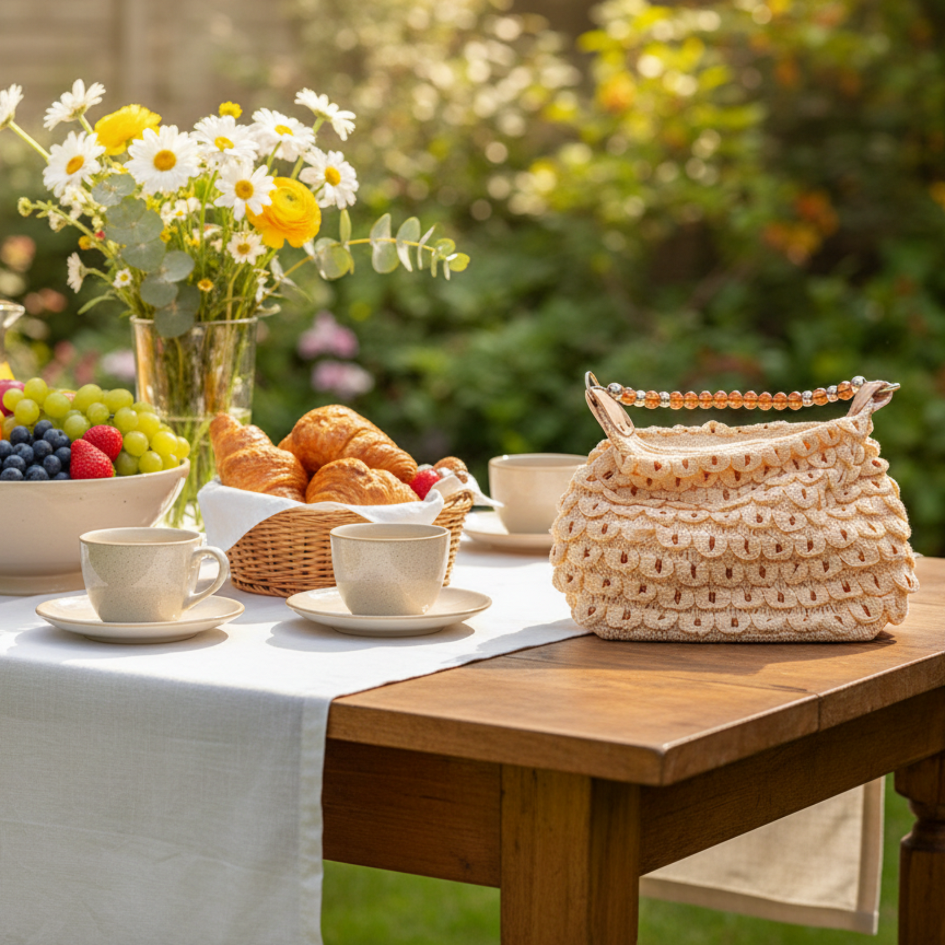 Bolso artesanal color hueso con gemas ámbar y asas de madera.