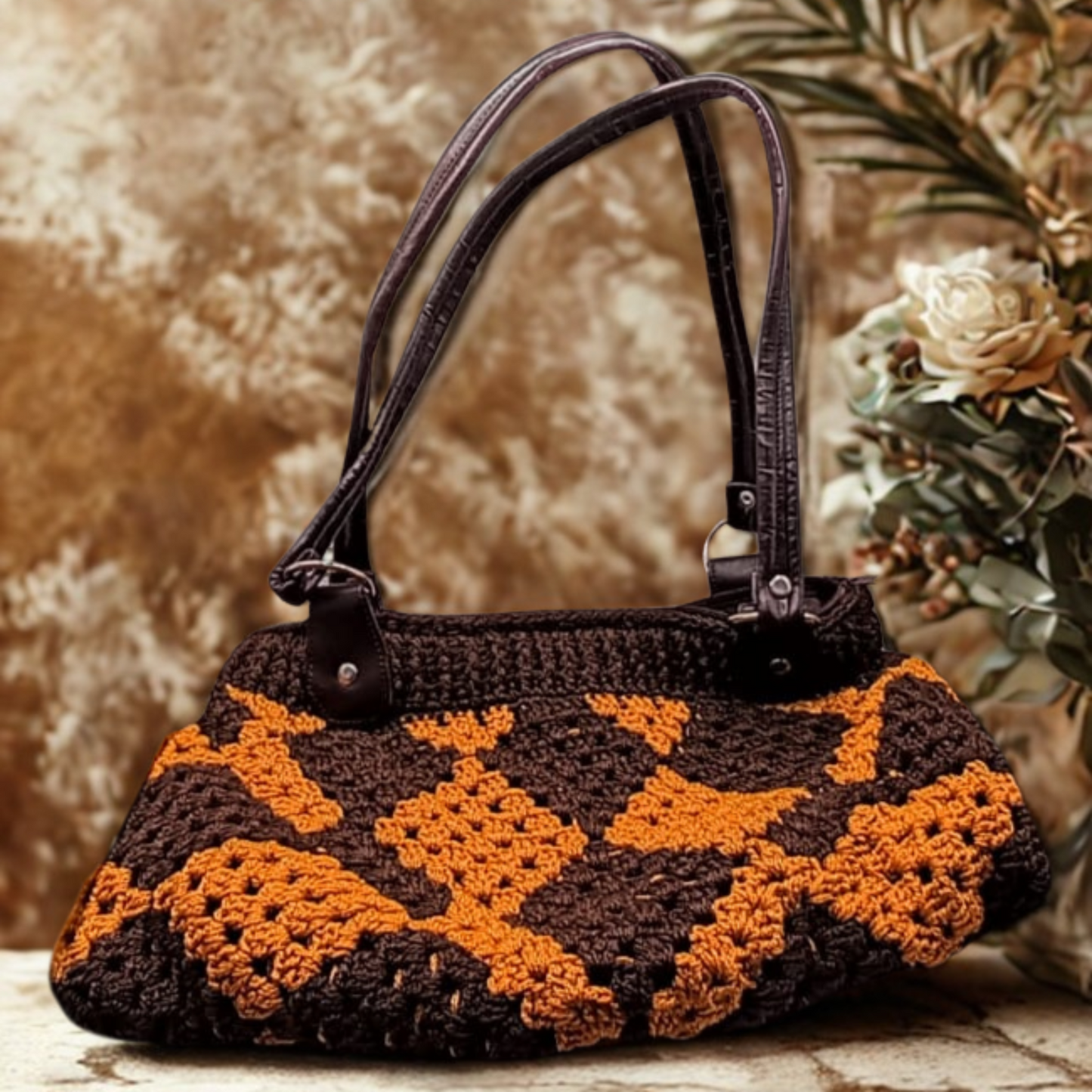 Bolso artesanal crochet moderno, rombos marrón y terracota, duradero.