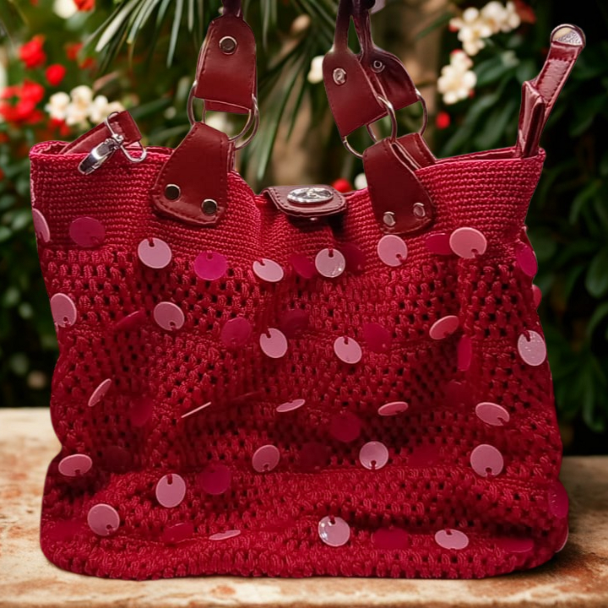 Bolso artesanal fiusha con lentejuelas tornasol Hilo Omega, muy elegante.