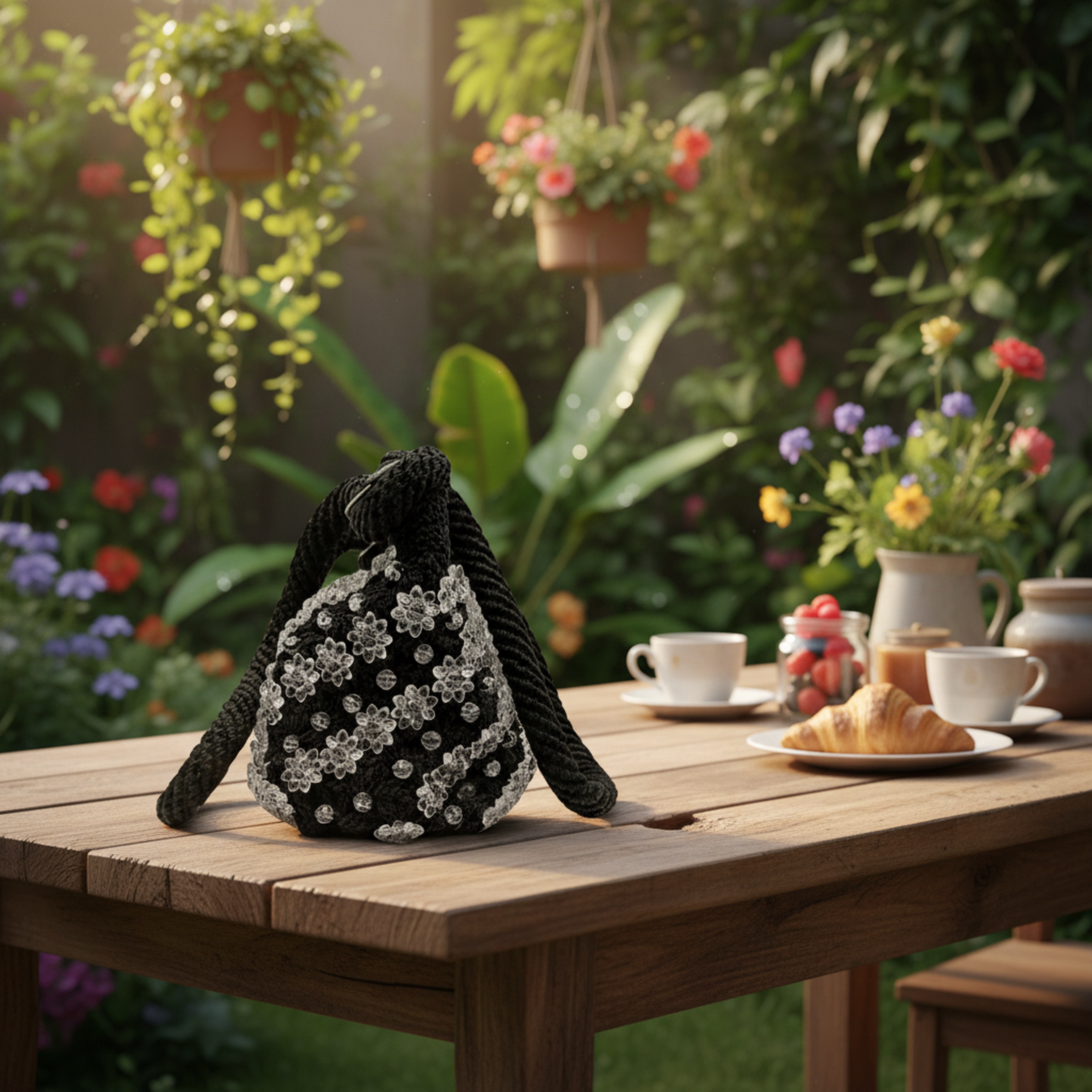 Bolso artesanal Hilo Omega negro con flores transparentes, ideal para verano.