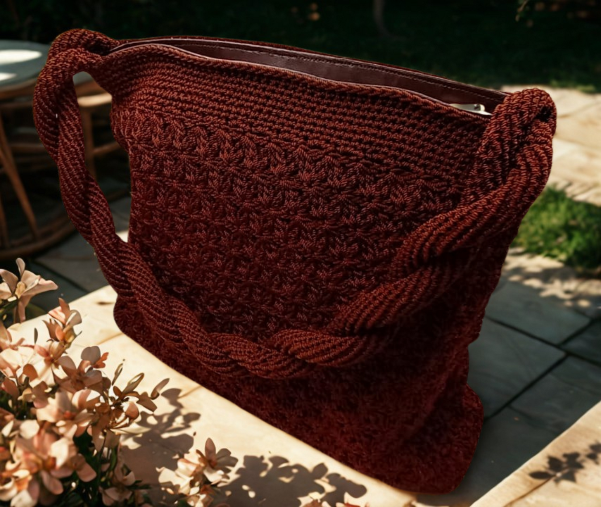 Bolso artesanal marrón chocolate con asas trenzadas, casual para el día.