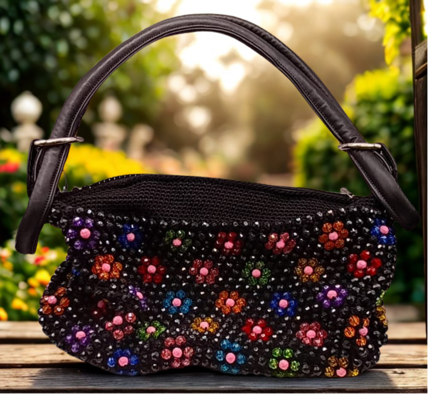 Bolso artesanal negro con flores multicolor, de diseño exclusivo.