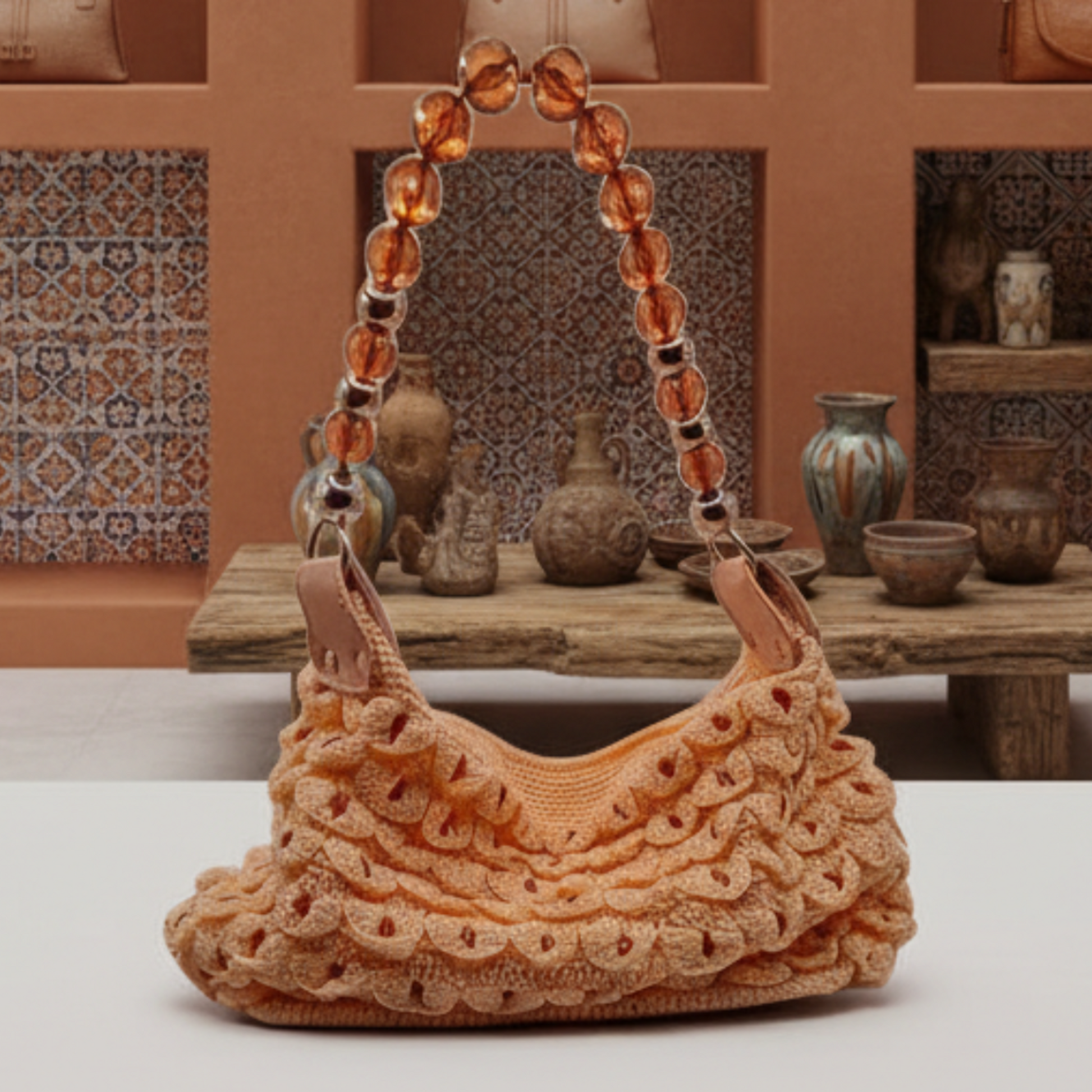 Bolso color hueso con asas y gemas ámbar, artesanal de diseño único.