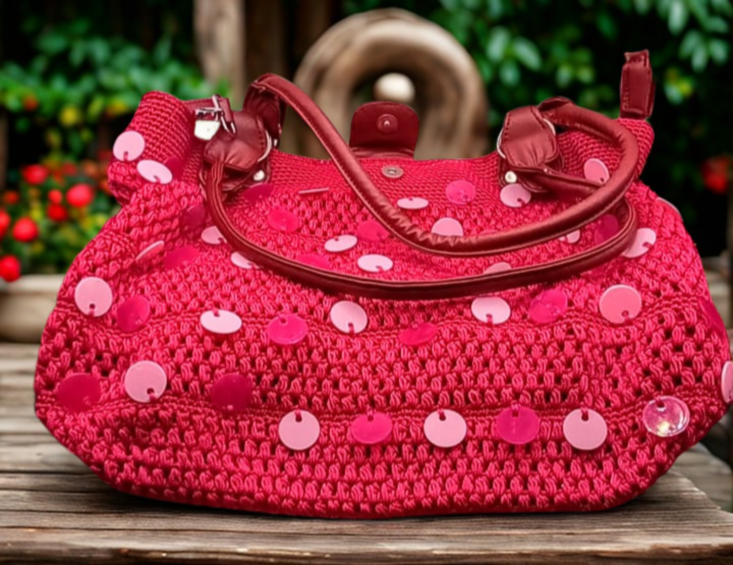 Bolso crochet fiusha, lentejuelas tornasol, Hilo Omega, máximo brillo.