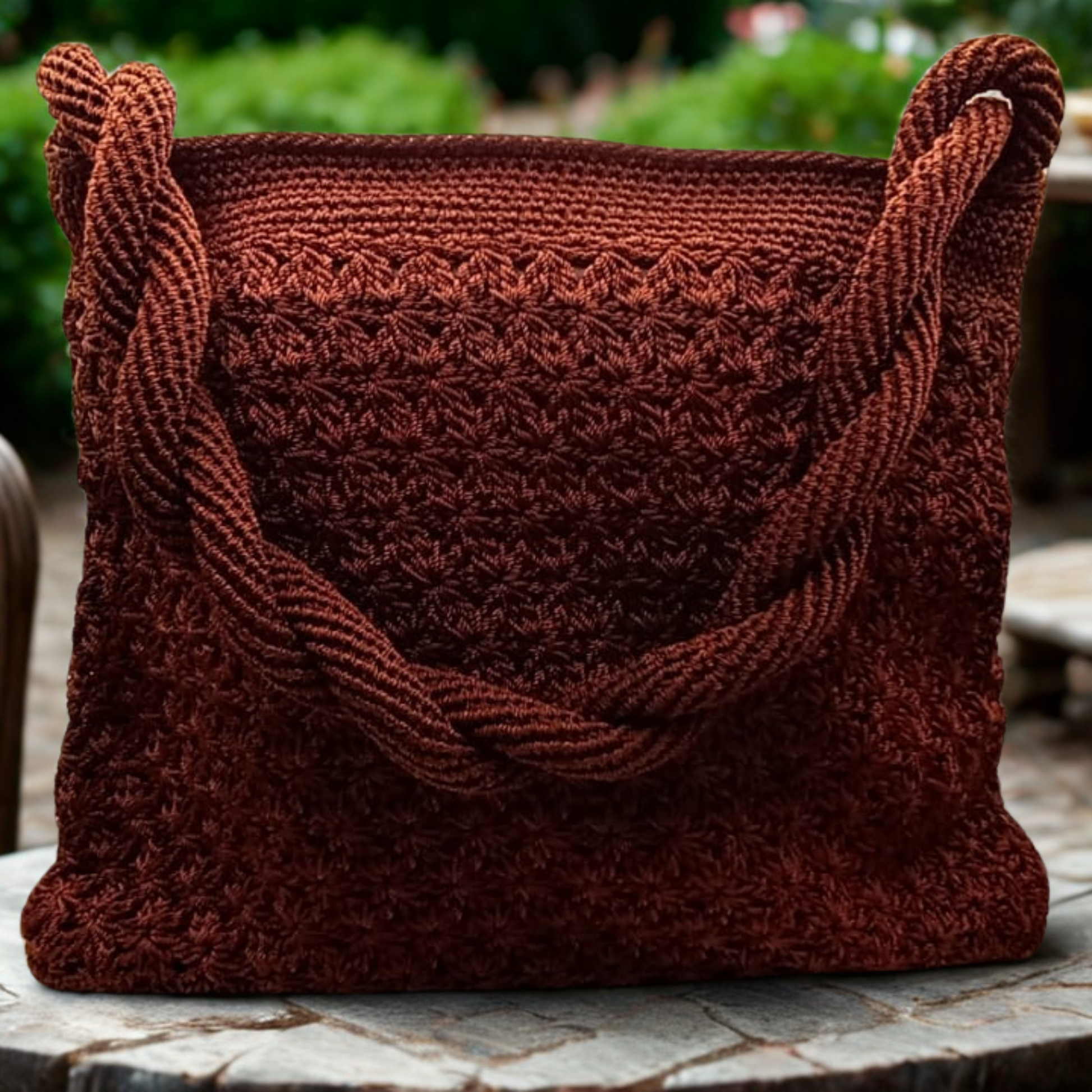 Bolso crochet marrón chocolate, asas trenzadas, tejido elegante.