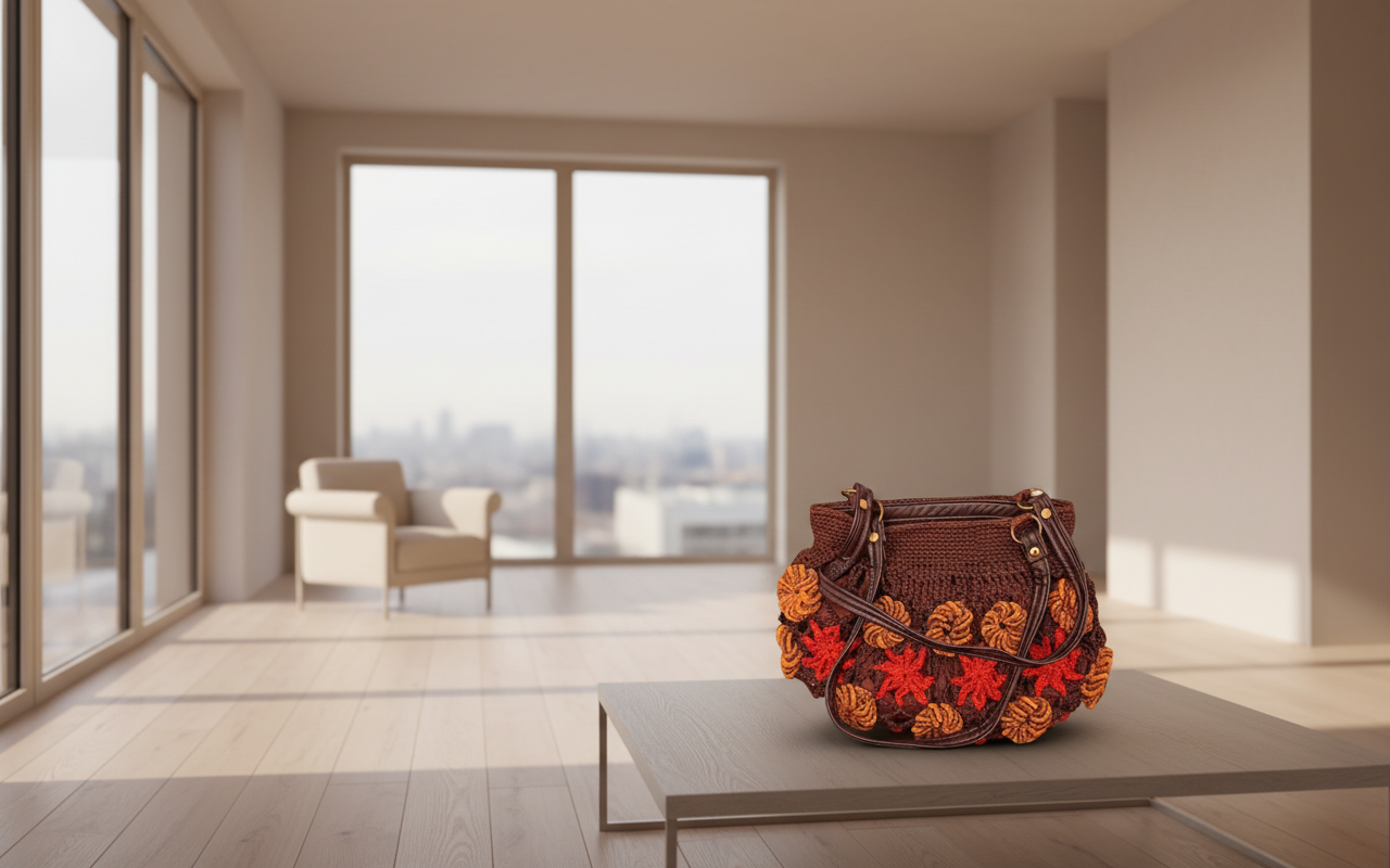 Bolso crochet marrón, flores naranjas y mostaza, elegante y casual.