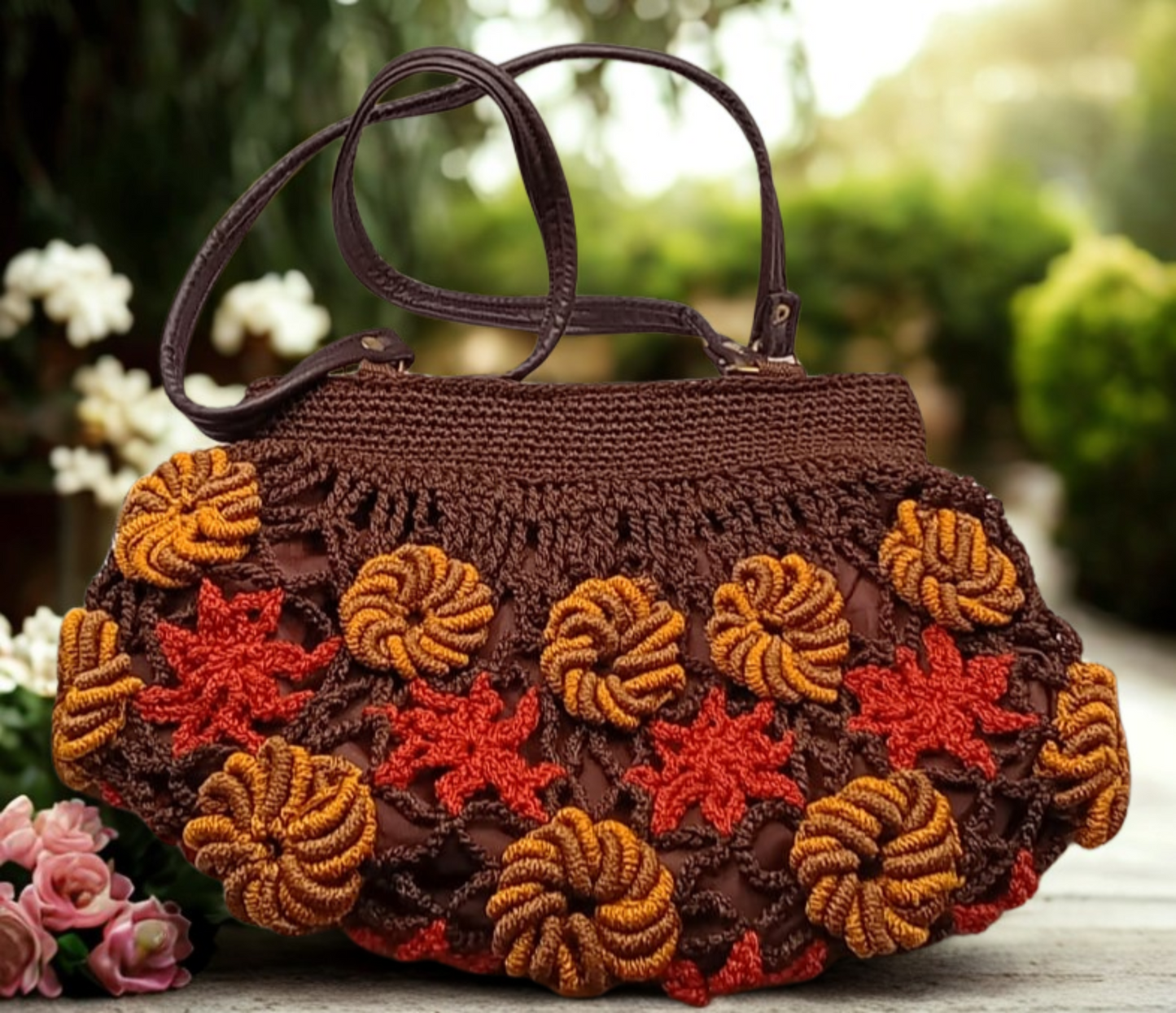 Bolso crochet marrón con flores terracota y mostaza, hecho a mano.