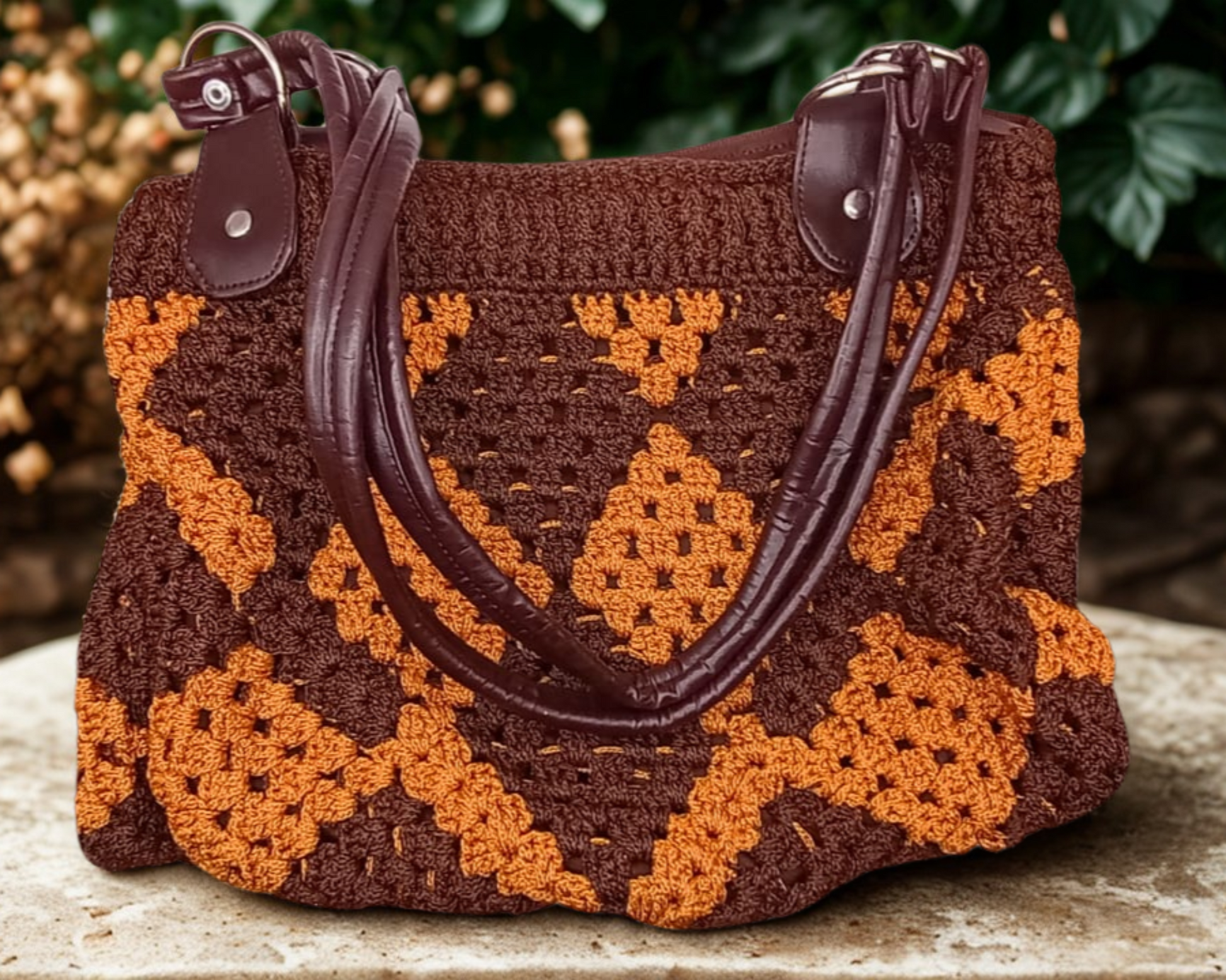 Bolso de crochet moderno con rombos marrón y terracota, hecho a mano.