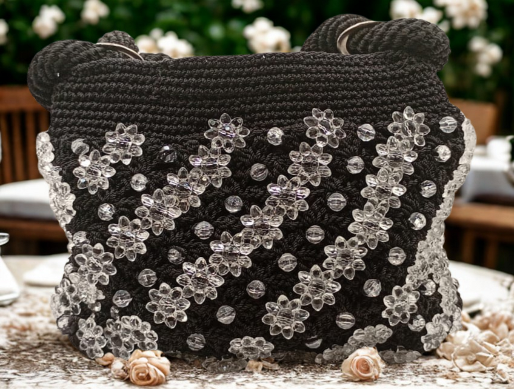 Bolso de crochet negro, flores transparentes, Hilo Omega de alta calidad.