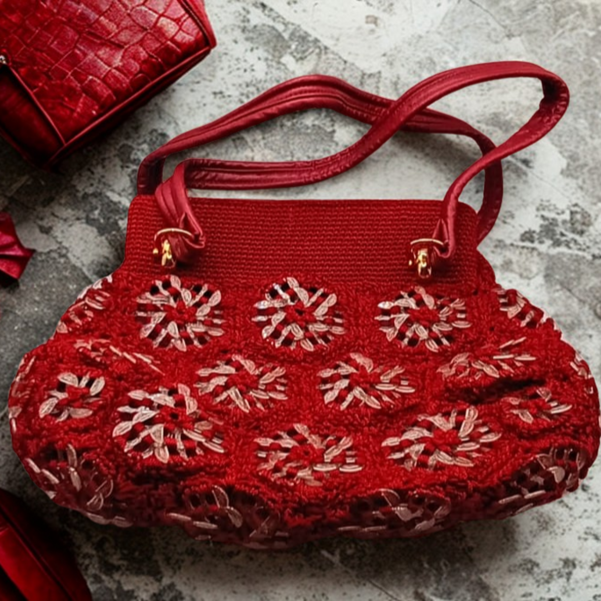 Bolso de crochet rojo con flores transparentes, tejido elegante.