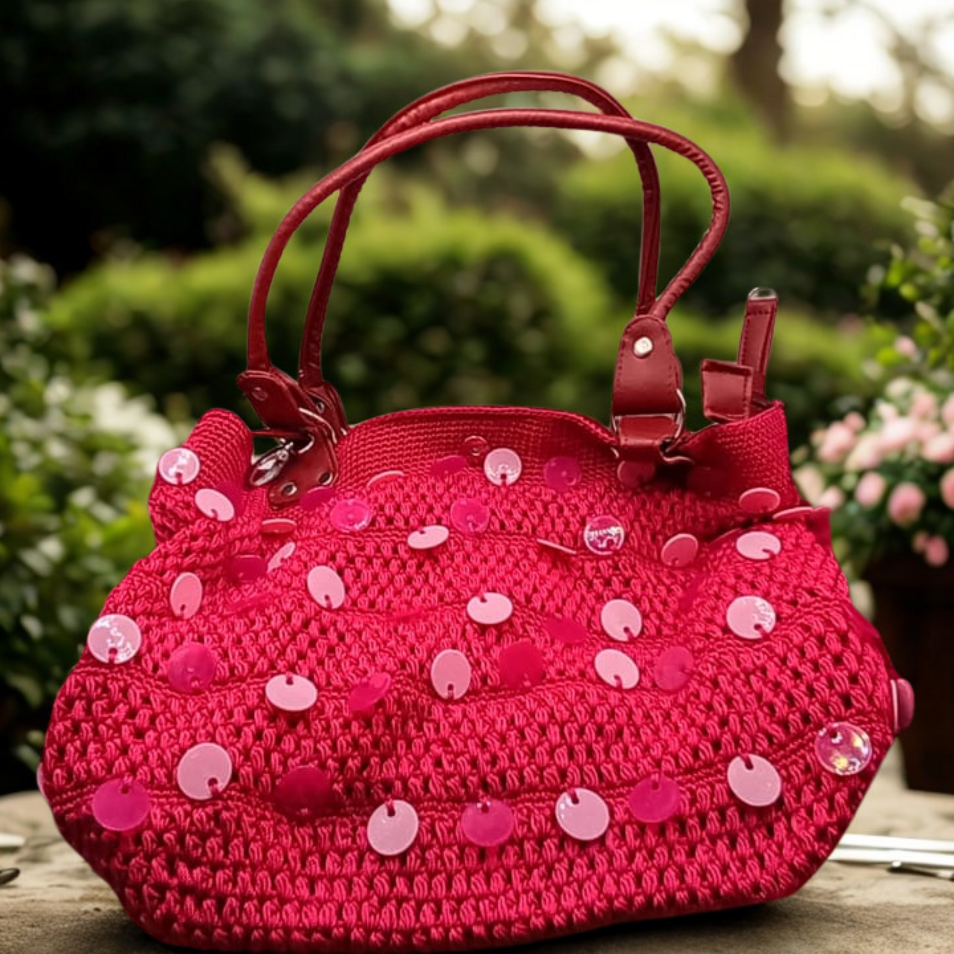 Bolso fiusha crochet, lentejuelas tornasol, Hilo Omega, fina artesanía.