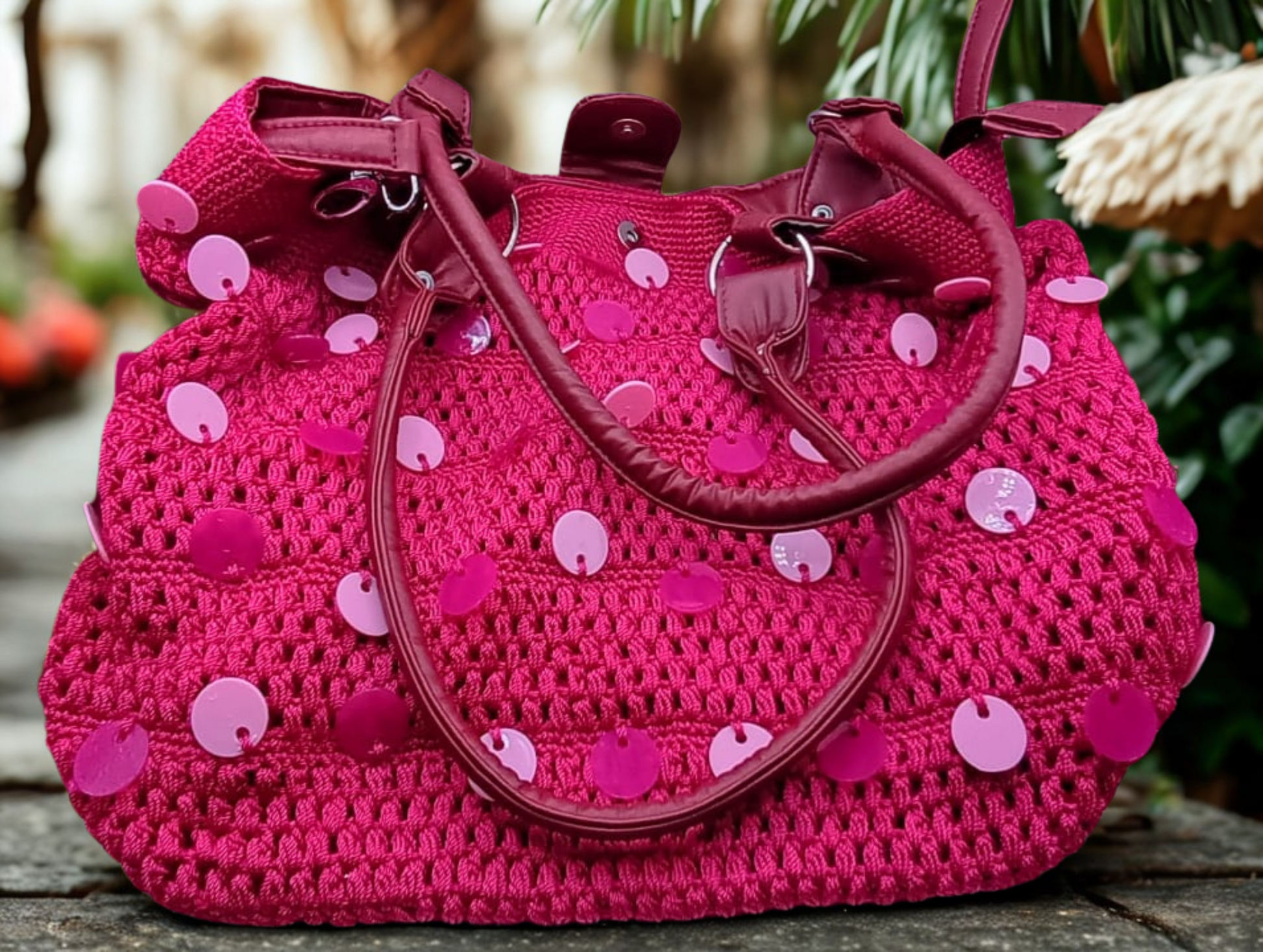 Bolso de Hilo Omega fiusha, lentejuelas tornasol, ideal para fiesta.