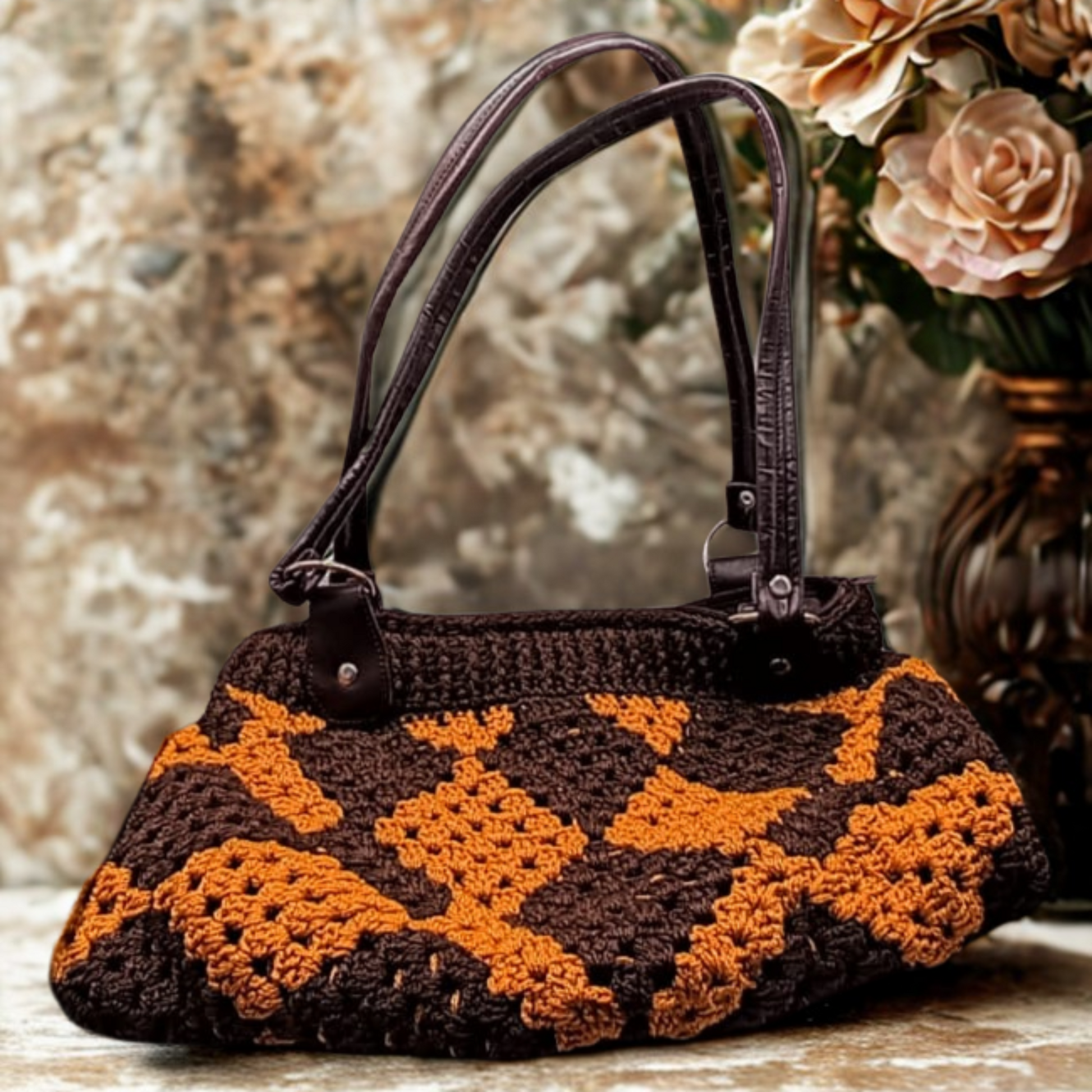 Bolso de hombro crochet marrón terracota con rombos, estilo único.