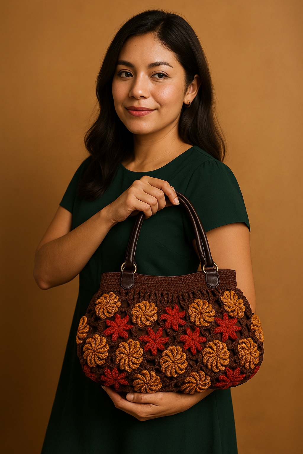 Bolso de hombro marrón, flores terracota y mostaza, crochet, en tendencia.