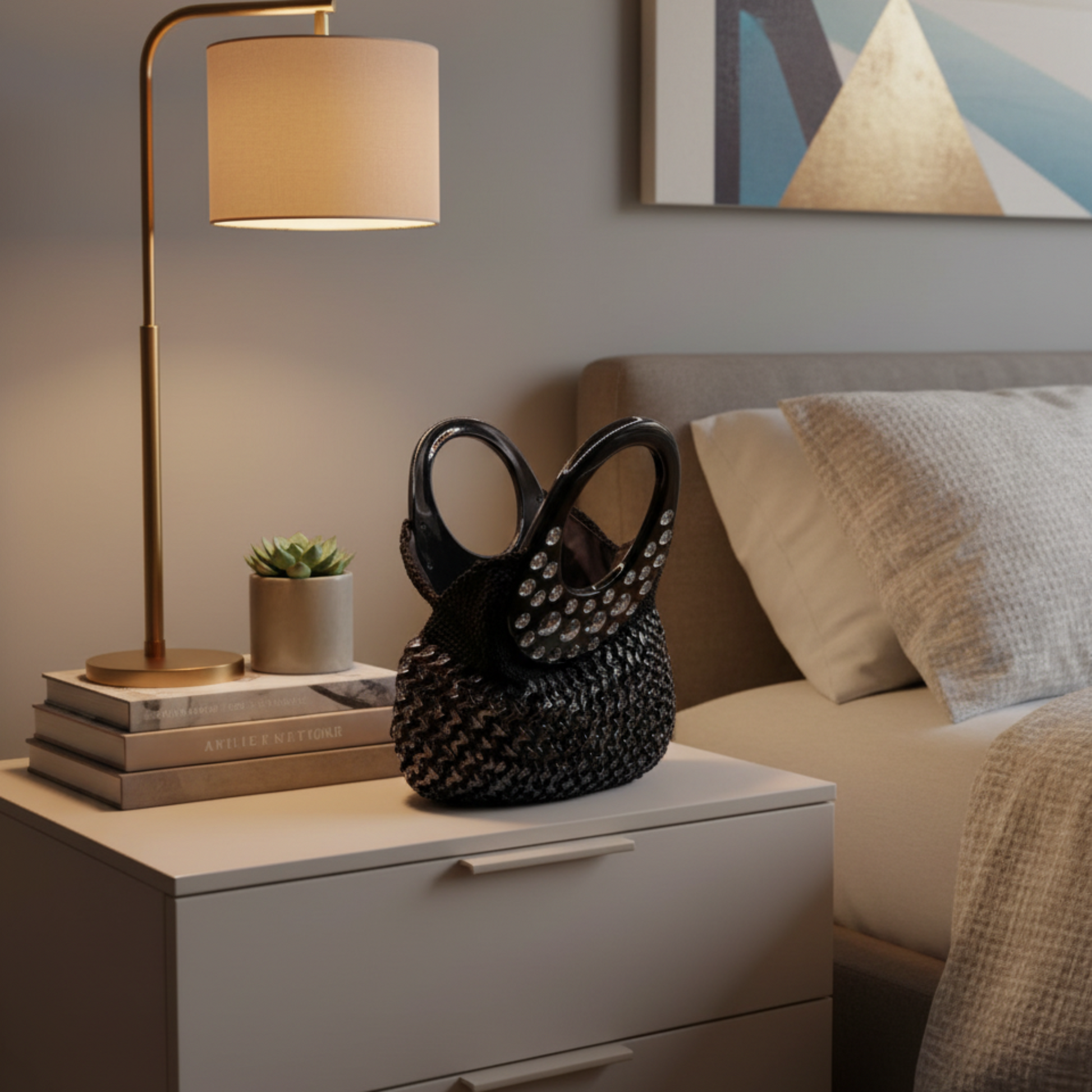 Bolso de hombro negro crochet, gemas plateadas brillantes, diseño único.