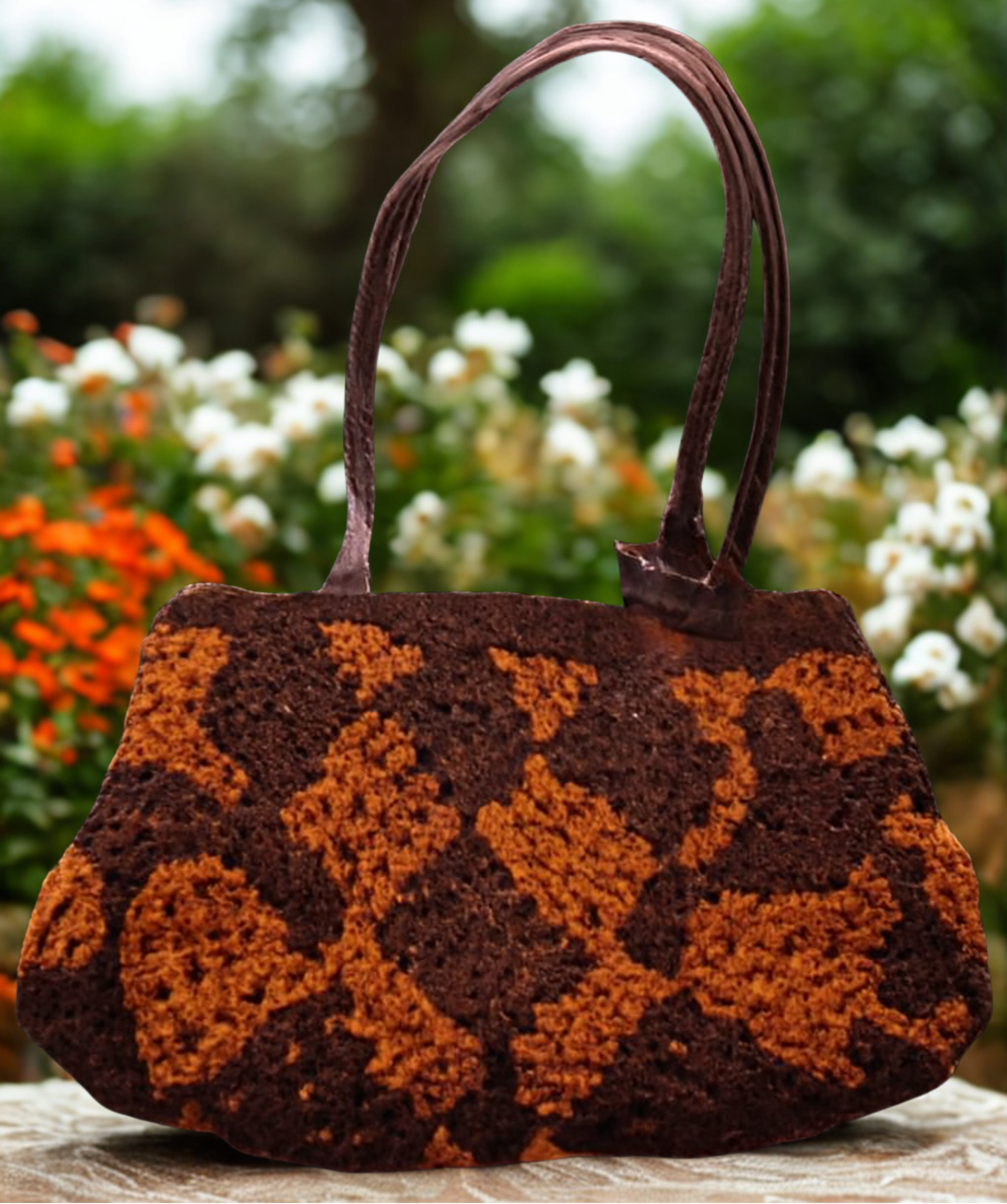 Bolso de mano crochet moderno, rombos marrón y terracota, estilo boho chic.