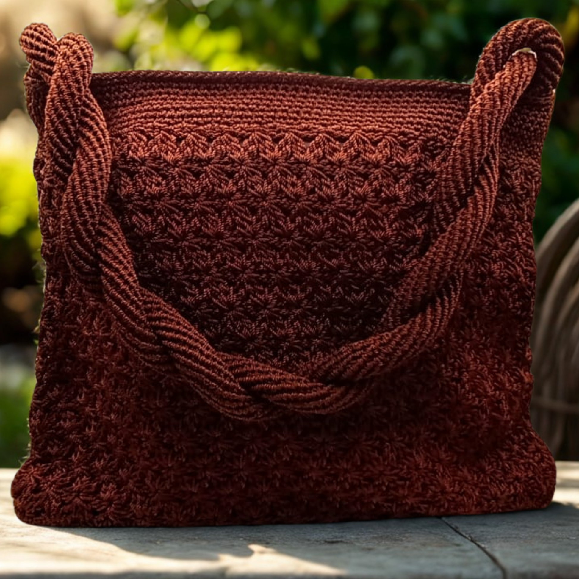 Bolso de mano marrón chocolate artesanal, asas trenzadas, accesorio de moda.