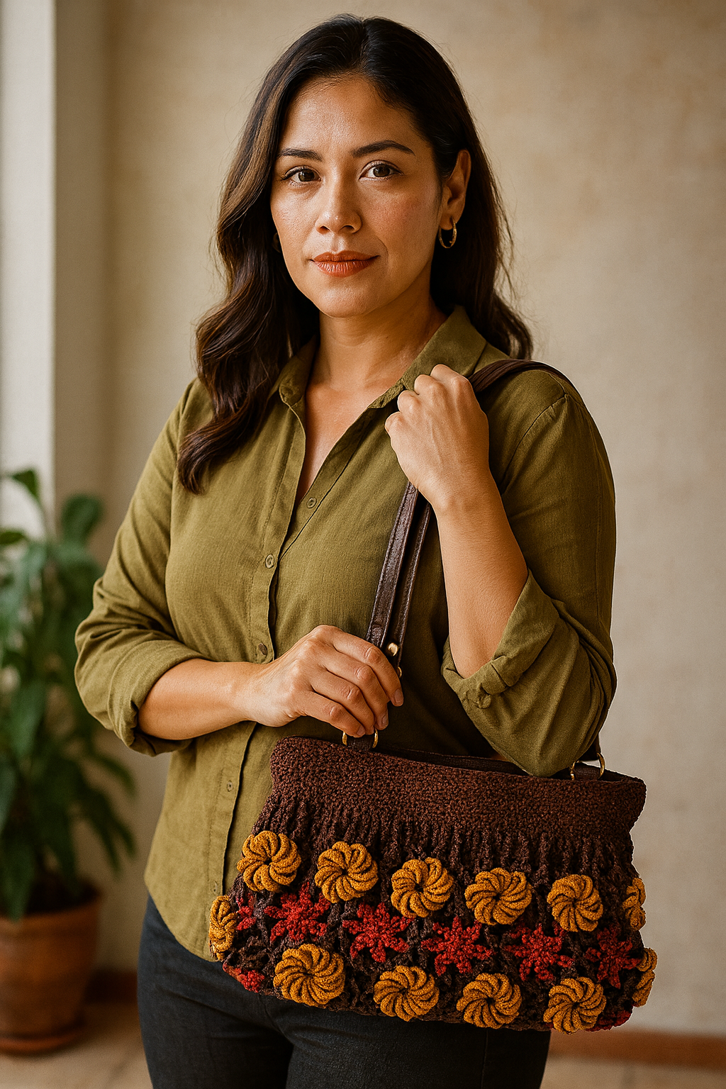 Bolso de mano marrón crochet, flores naranjas y mostaza, colores de otoño.