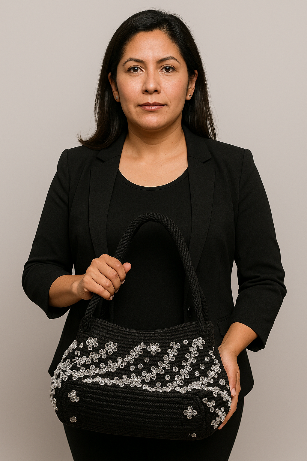 Bolso de mano negro crochet, flores transparentes, Hilo Omega, diseño único.