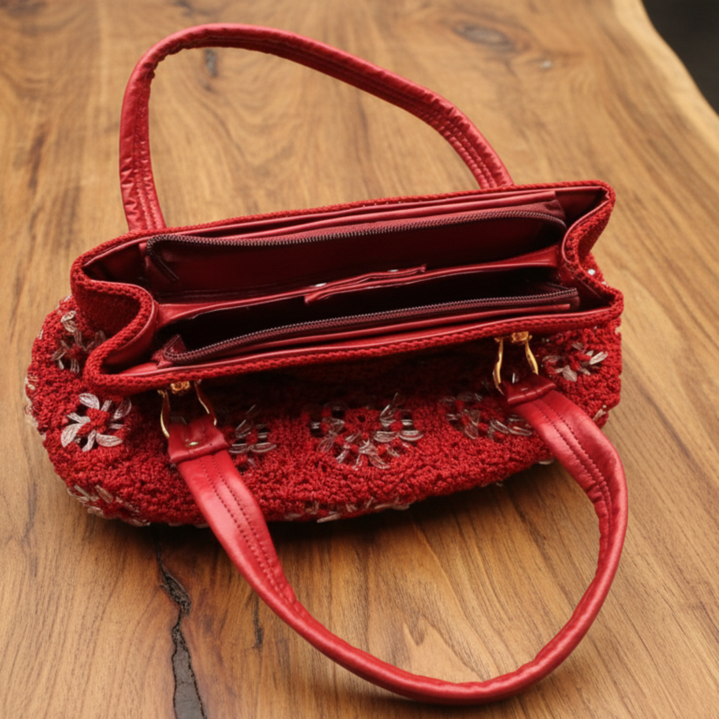 Bolso de mano rojo con flores transparentes, estilo crochet fresco y ligero.