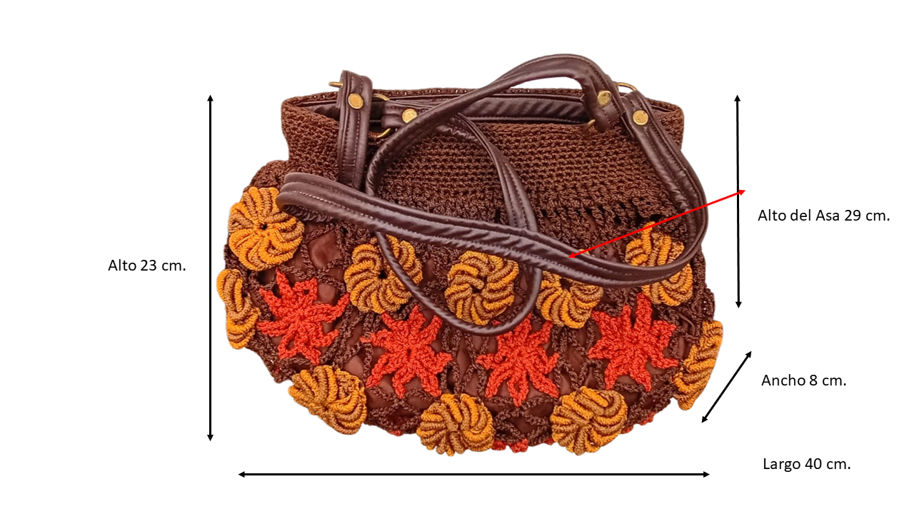 Bolso marrón con flores naranjas y mostaza, crochet, estilo boho chic.