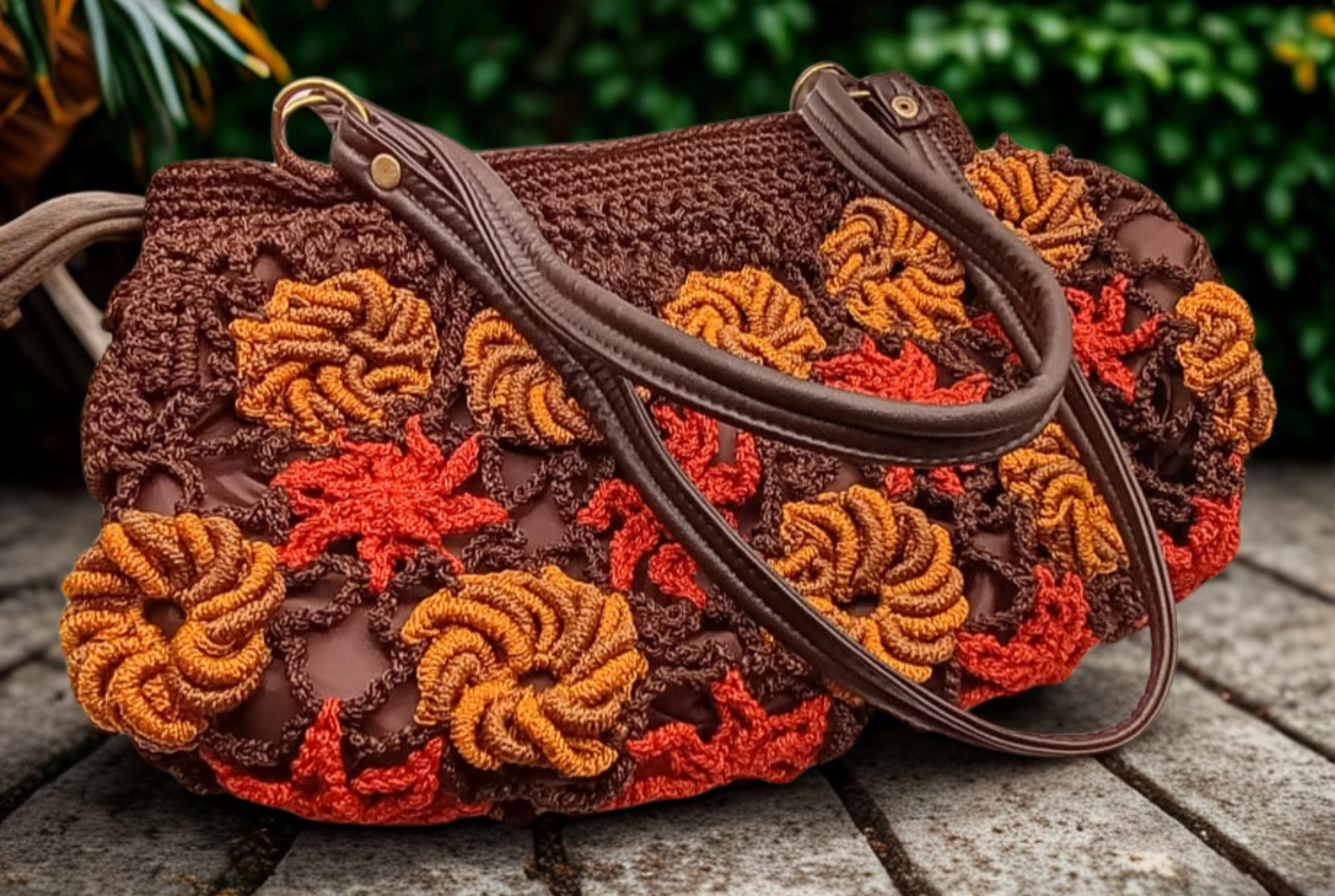 Bolso marrón, flores terracota y mostaza, crochet con Hilo Omega.