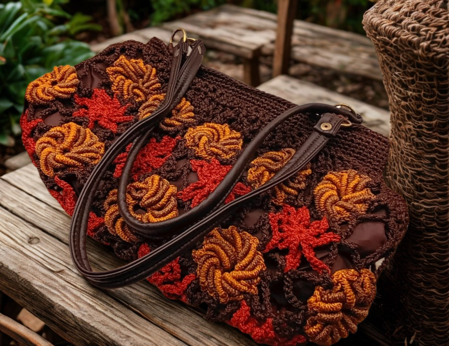 Bolso marrón, flores terracota y mostaza, tejido crochet, colores de otoño.