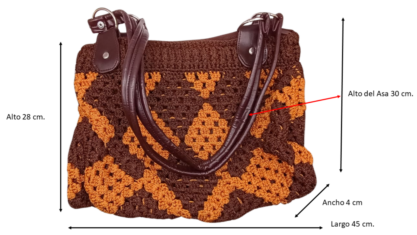 Bolso tejido a crochet moderno, rombos marrón y terracota, elegante.