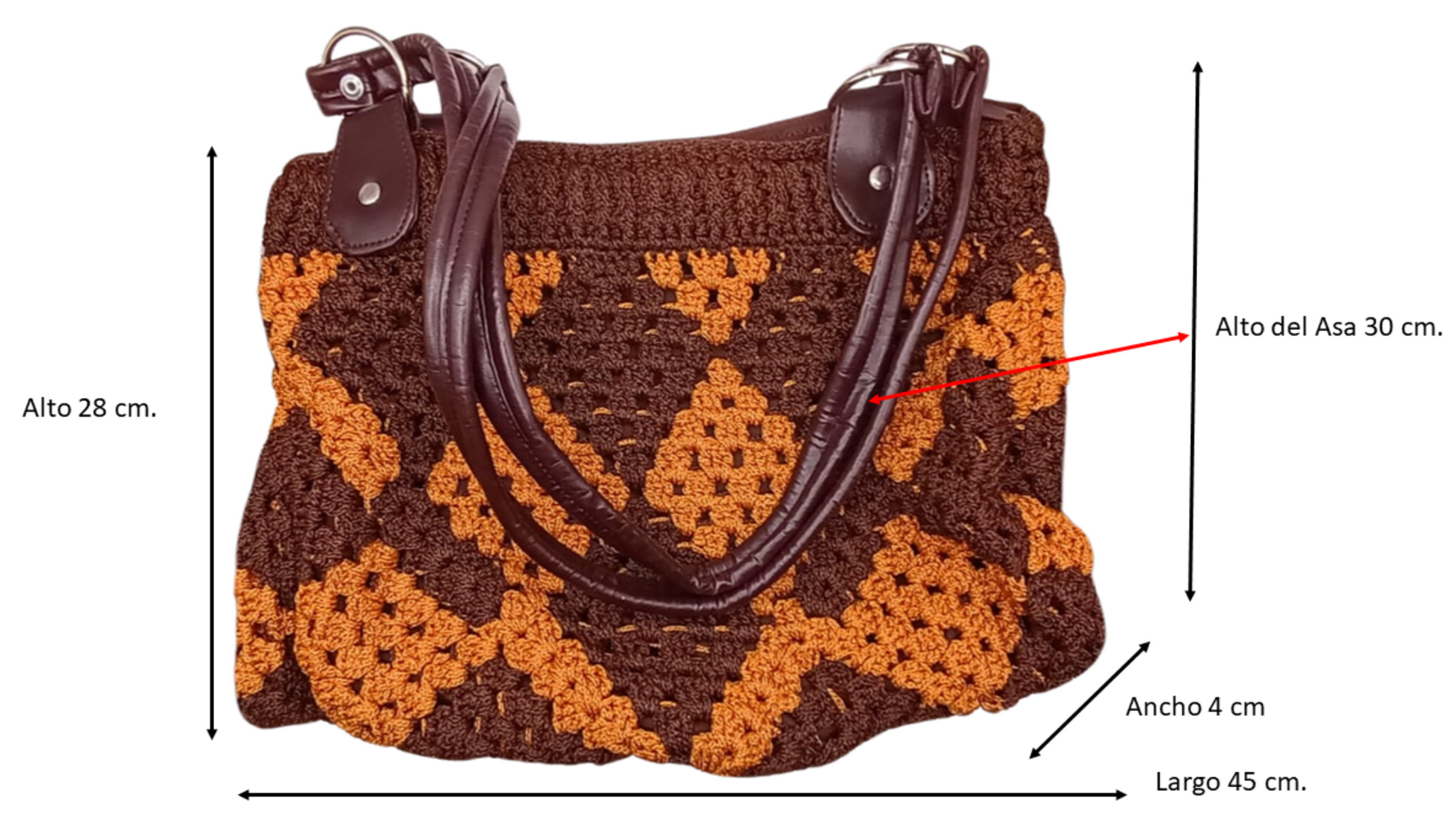 Bolso tejido a crochet moderno, rombos marrón y terracota, elegante.