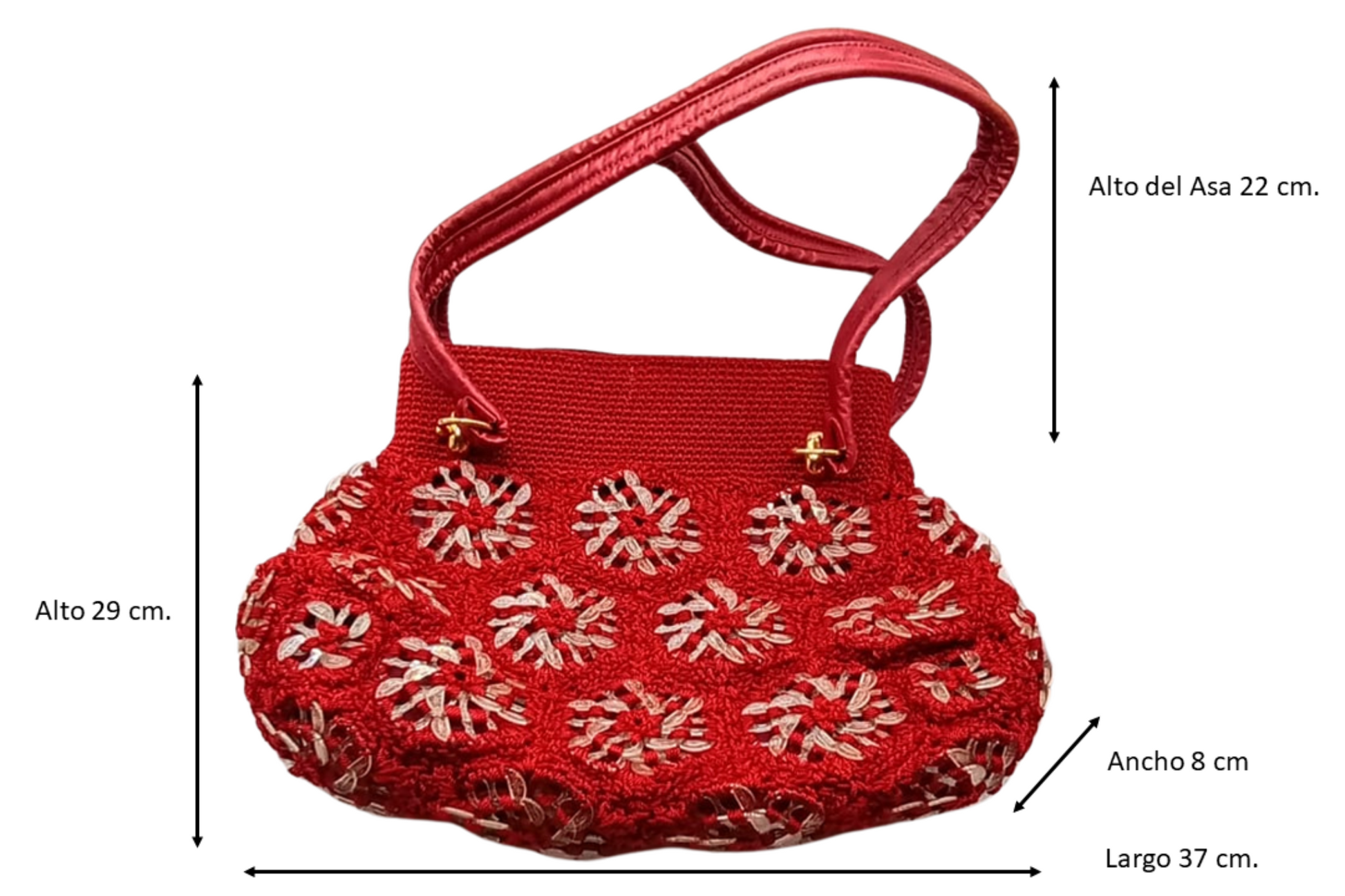 Bolso tejido rojo con flores transparentes, crochet, moda de verano.