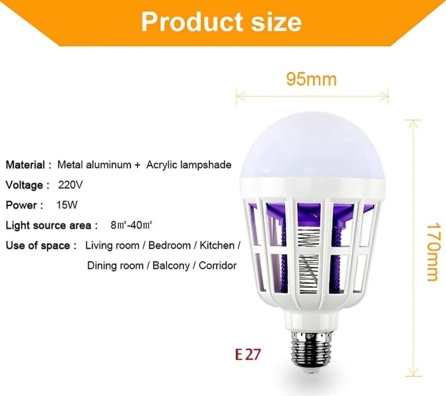 Bombilla antimosquito eléctrica 2 en 1, utiliza luz ultravioleta como atrayente.