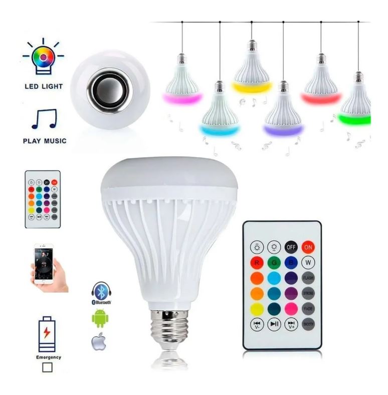 Bombilla con música Bluetooth RGB, altavoz integrado y control remoto.