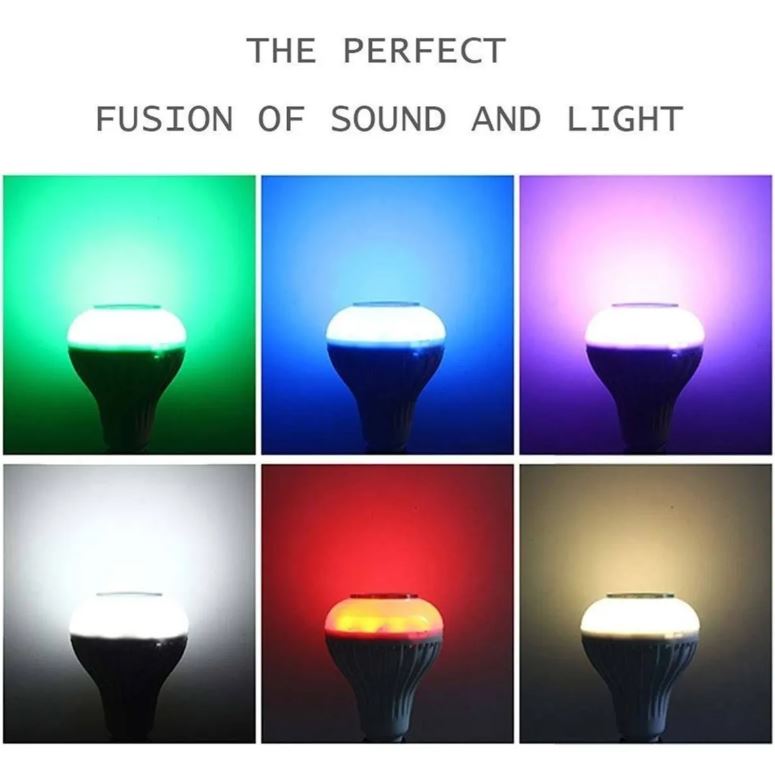 Bombillo LED con altavoz integrado, cambia colores RGB para crear ambiente de fiesta.