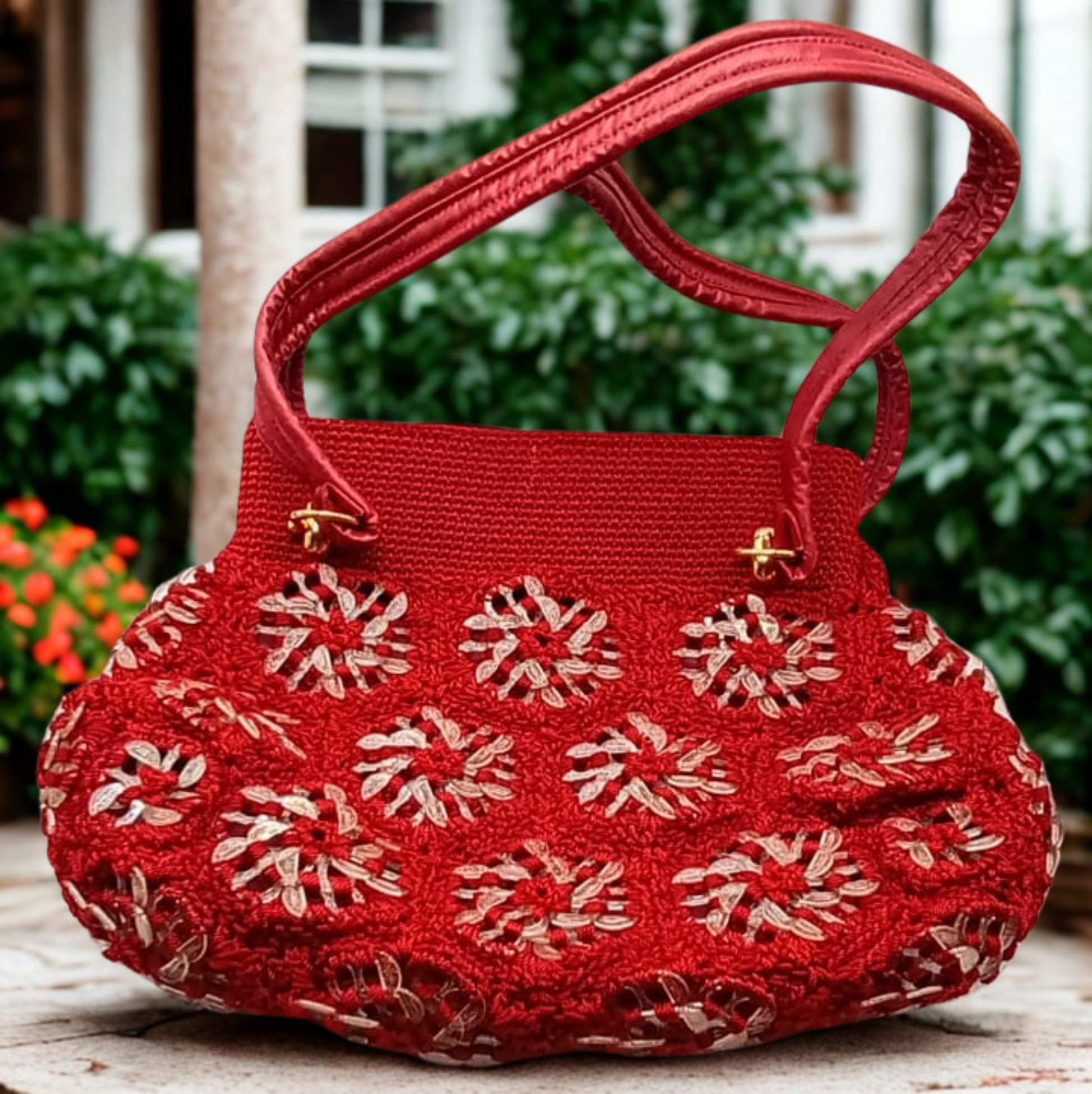 Cartera de mano crochet roja con flores transparentes, accesorio de moda.
