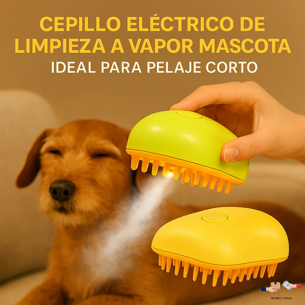 Cepillo eléctrico a vapor para mascotas, ideal para pelaje corto, limpieza profunda.