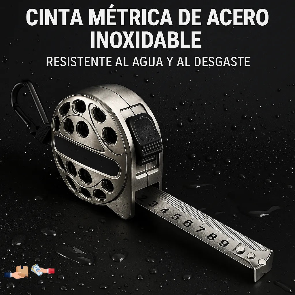 Cinta métrica de acero inoxidable, resistente al agua y al desgaste.