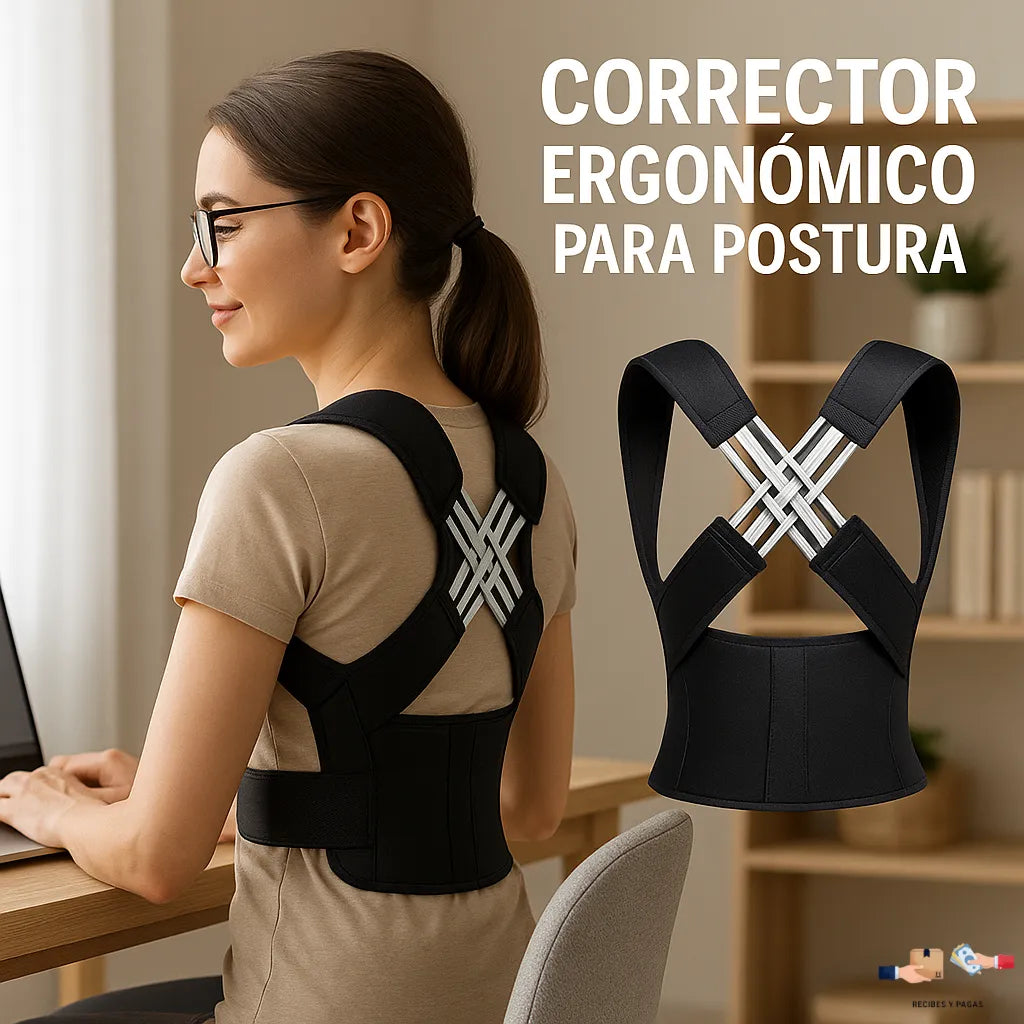 Corrector ergonómico de postura, proporciona alivio inmediato y natural de espalda.