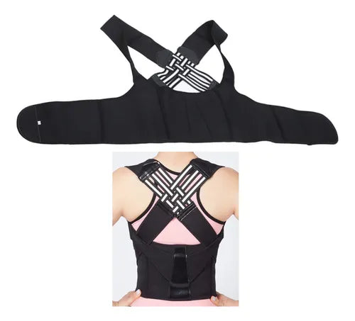 Corrector postural unisex, discreto bajo la ropa, alivia dolor de espalda.