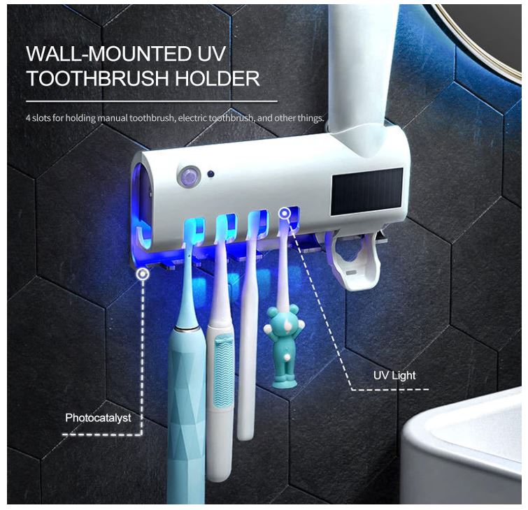 Desinfectante de cepillos con luz UV, ideal para montaje en pared del baño.