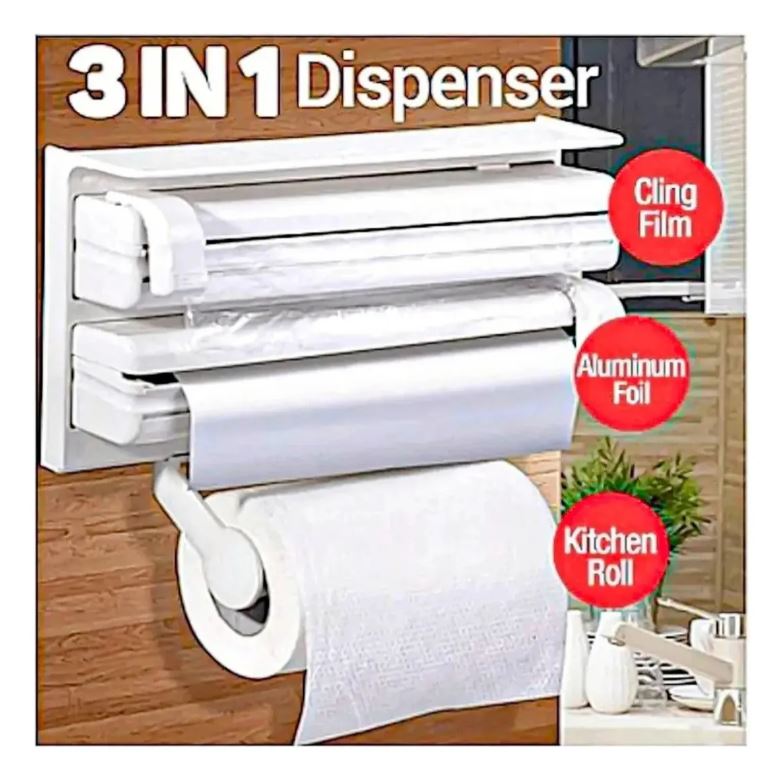 Dispensador de plástico autoadherible y papel aluminio, con espacio para toalla de cocina.