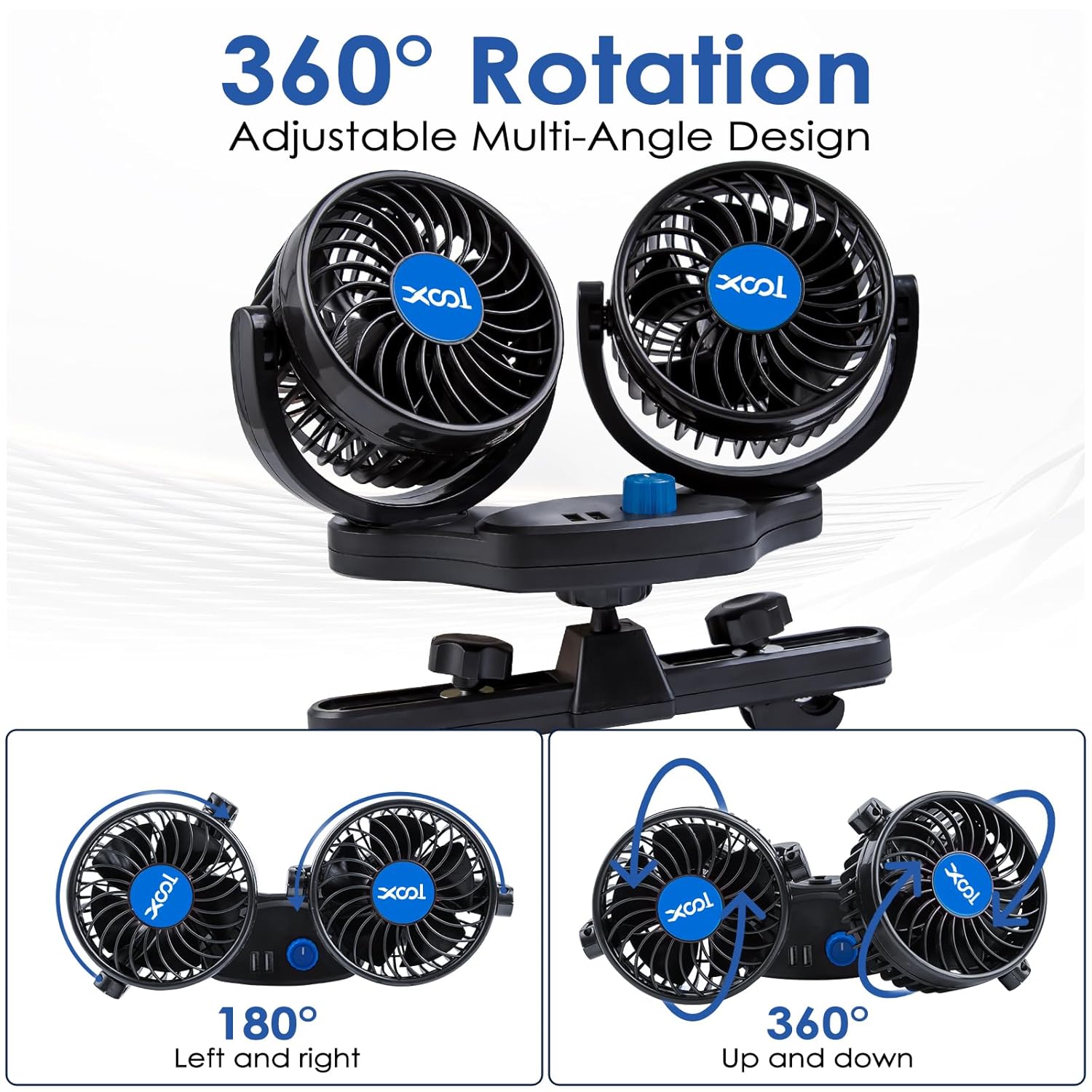 Enfriador de coche portátil 12V XOOL, doble, giro 360°, seguro.