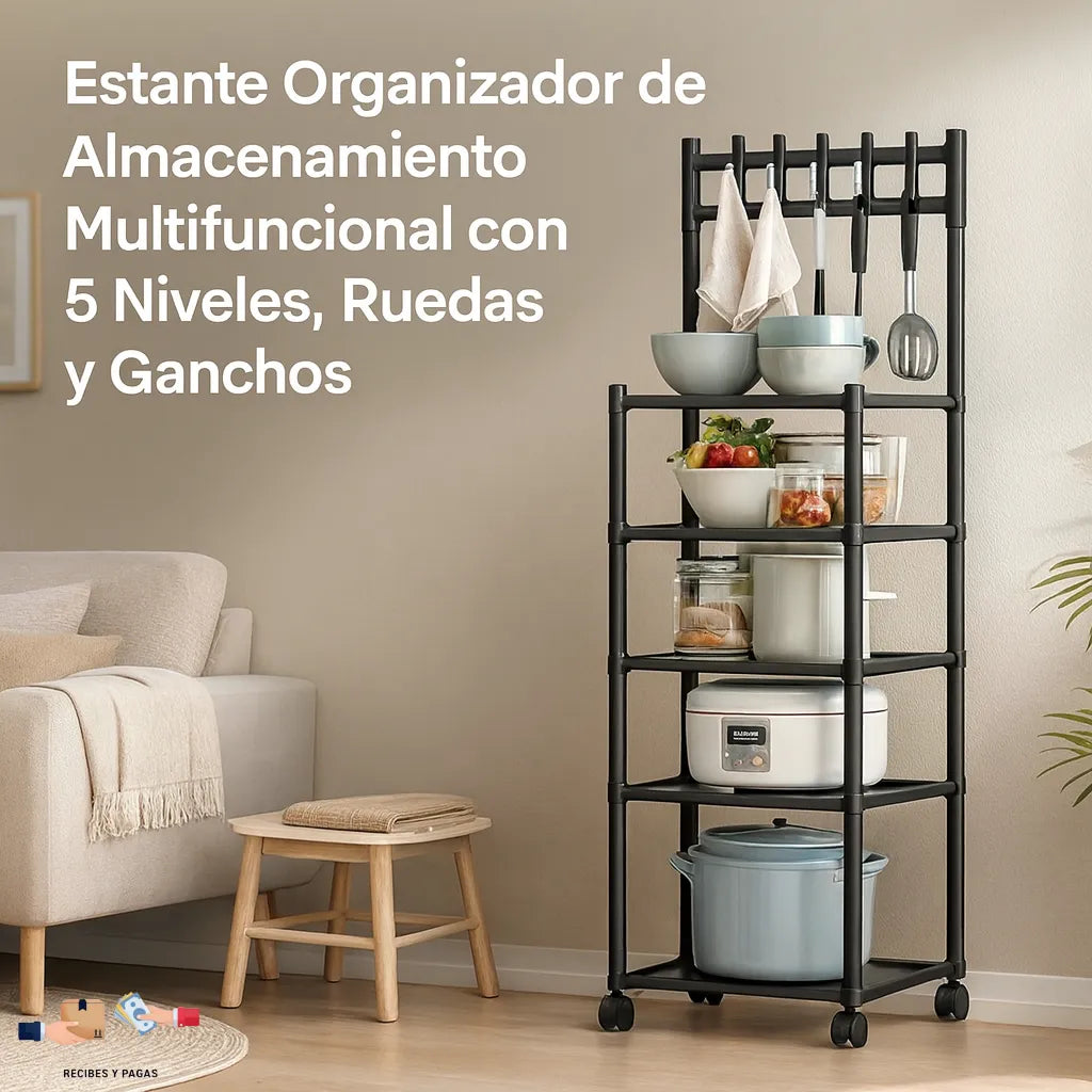 Estante organizador vertical con 5 niveles, ruedas y ganchos, ideal para cualquier cuarto.