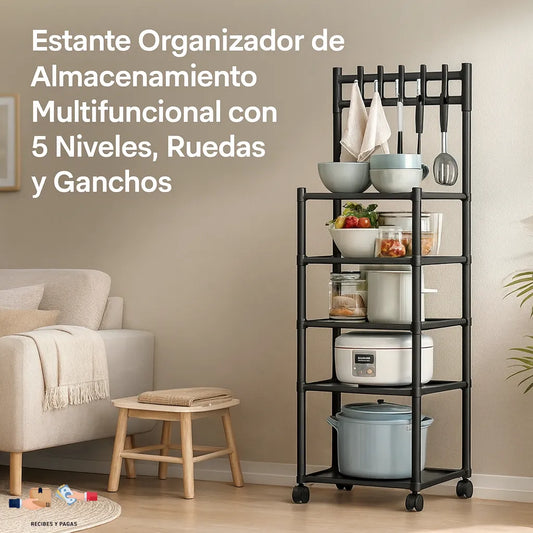 Estante organizador vertical con 5 niveles, ruedas y ganchos, ideal para cualquier cuarto.