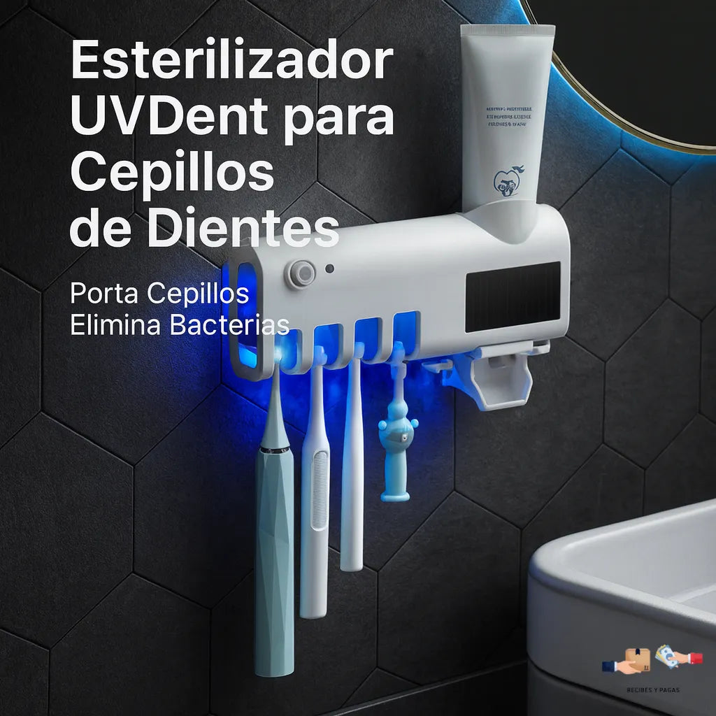 Esterilizador UV para cepillos dentales, funciona como porta-cepillos de desinfección.