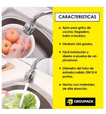 Extensión de regadera para grifo, giratoria 360°, para fregadero y lavabo.