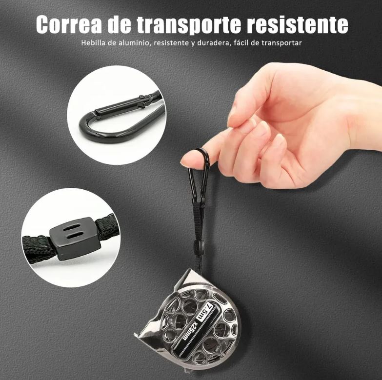 Flexómetro de acero inoxidable, resistente al agua y al desgaste.